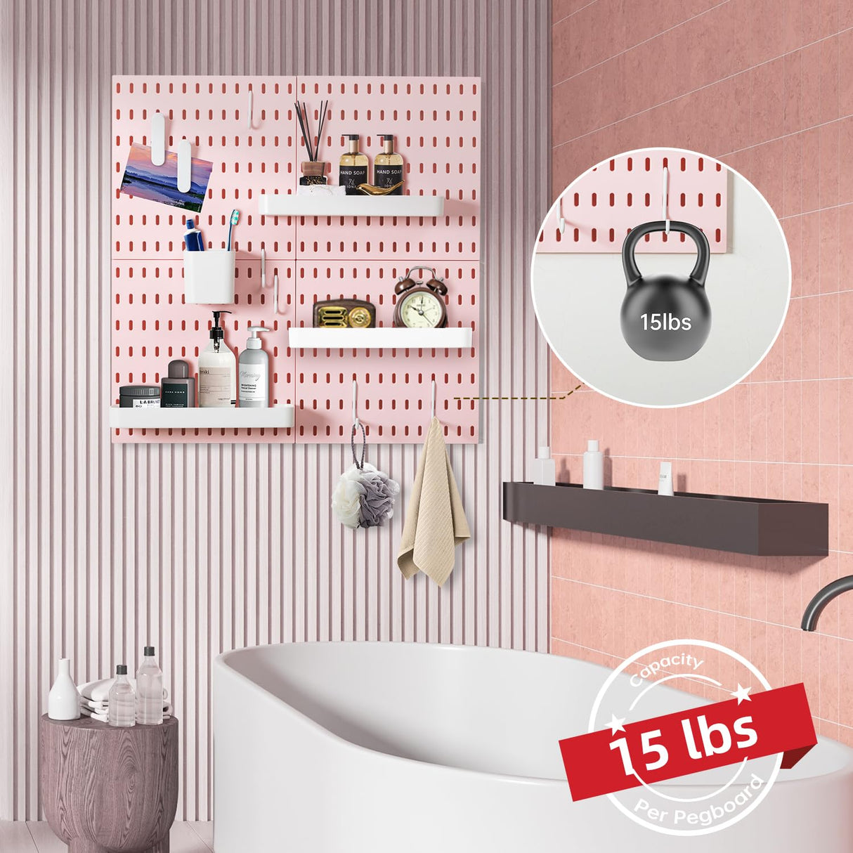 VUSIGN Pegboard Combination Wall Organizer Kit, 4 Pieces Pegboards and 17 Accessories Modular Hanging, Wall Mount Display Peg Board Panel Kits for Bedroom, Home, Office, Bathroom, 22" x 22", Pink VUSIGN