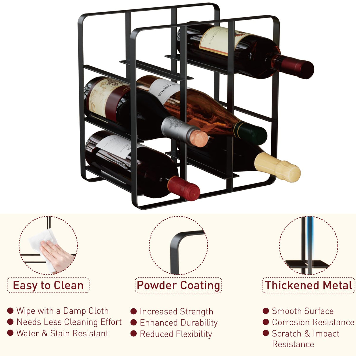 Buruis 9-Bottle Metal Wine Rack, Freestanding Holder Organizer for Red and White Wine, Kitchen Countertop, Pantry, No Assembly Required, Black Buruis