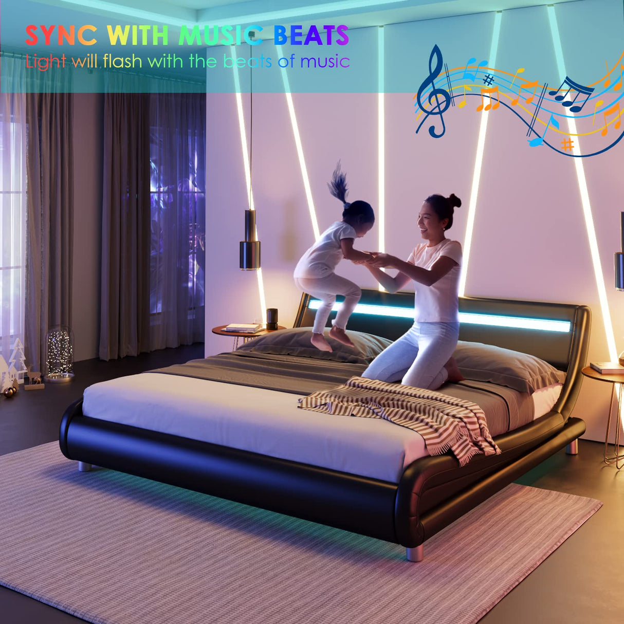 Keyluv Upholstered Full LED Bed Frame with Headboard, Modern Low Profile Platform Bed with Strong Slats Support, Faux Leather Wave-Like Bed Frame, Easy Assembly, No Box Spring Needed, Black Keyluv