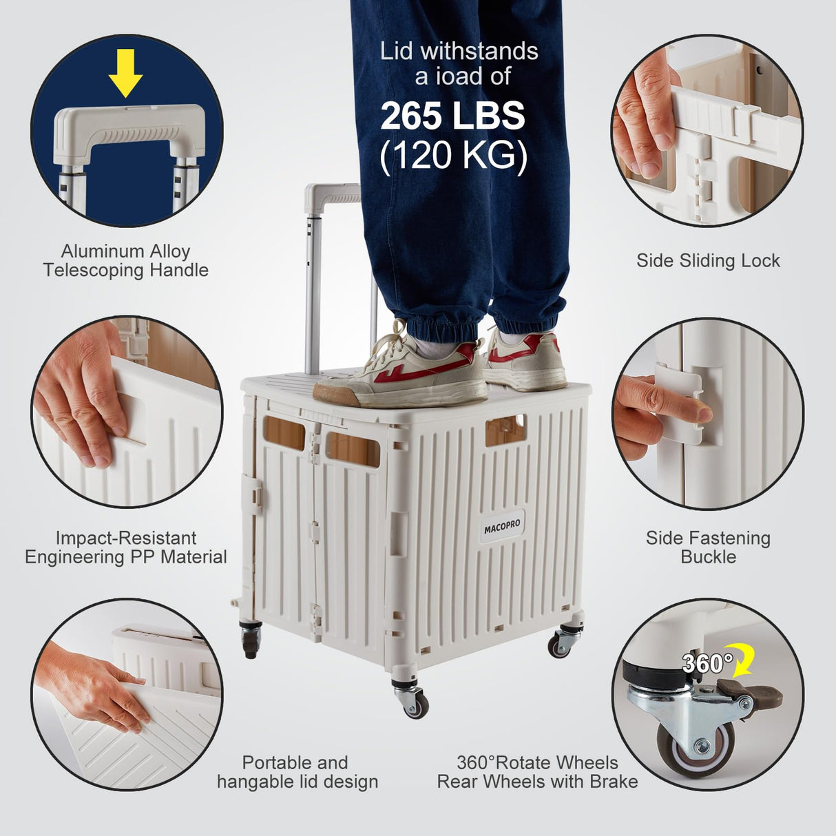 Foldable Utility Cart Folding Portable Rolling Crate Handcart with Durable Heavy Duty Plastic Telescoping Handle Collapsible 4 Rotate Wheels for Travel,Shopping, Luggage, Office, Teacher(White) MACOPRO