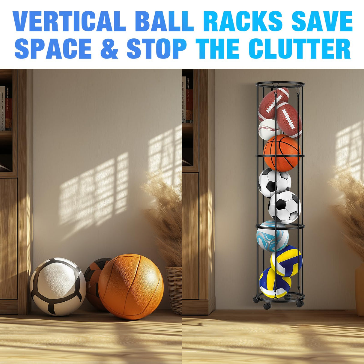 Columnar Vertical Ball Storage Racks with Wheels-NEW Durable 58x13'' Rolling Basketball Holder Wall Mount for Soccer, Volleyball, Space-Saving Garage Sports Ball Rack Organizer for Home,Gym & Outdoors Gotaux