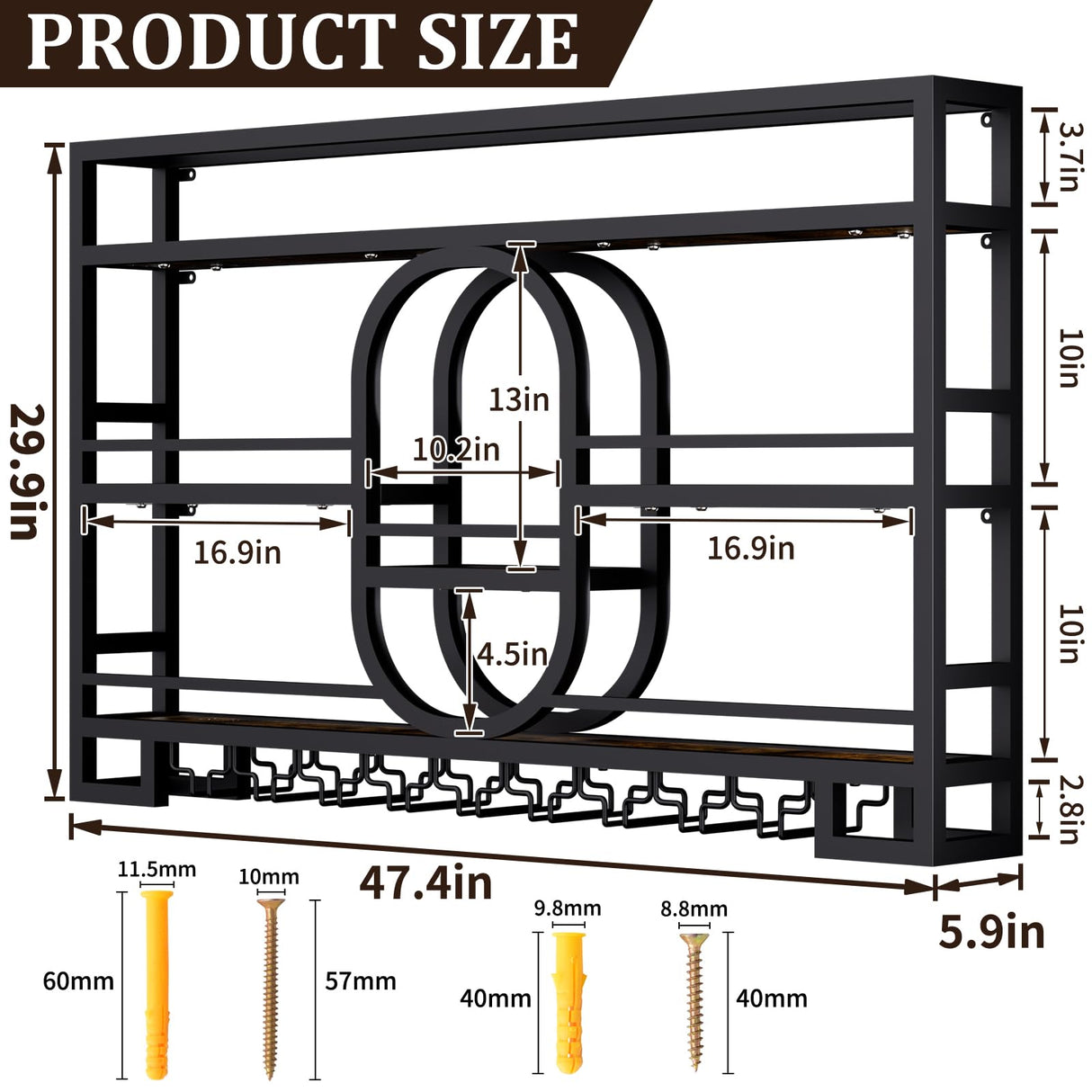 3-Tiers 47in Wine Rack Wall Mounted with LED Light, Floating Bar Shelves for Liquor Bottles Metal Industrial Display Shelf for Home Kitchen Bar Cafe Decoration, No Assembly Required Boshen