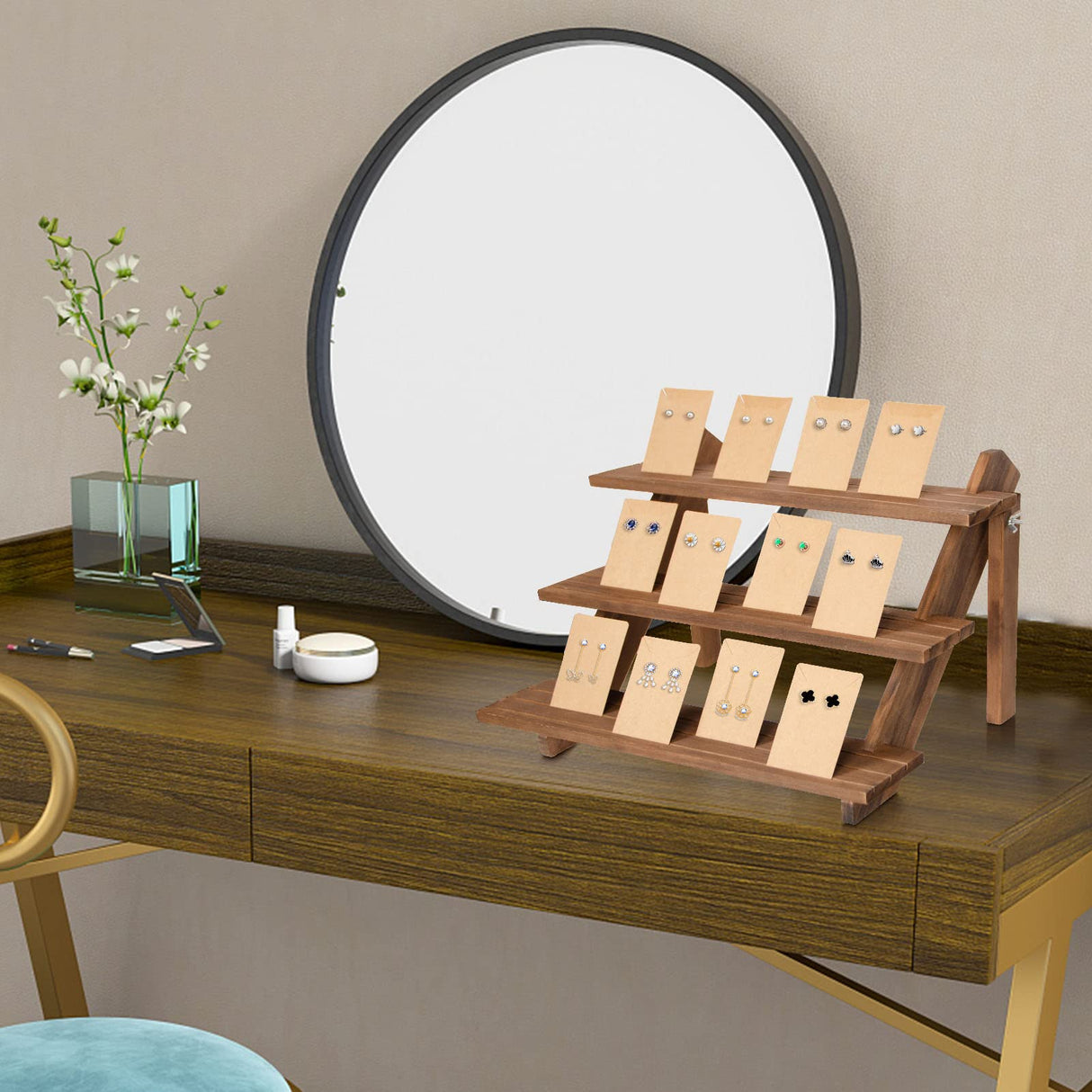 ZYP 51pcs 3-Tier Wood Earring Display Stand, Retail Jewelry Card Stand with Groove + 50 Cards Portable Ring Organizer Holder Showcase Racks for Business Home Using ZYP