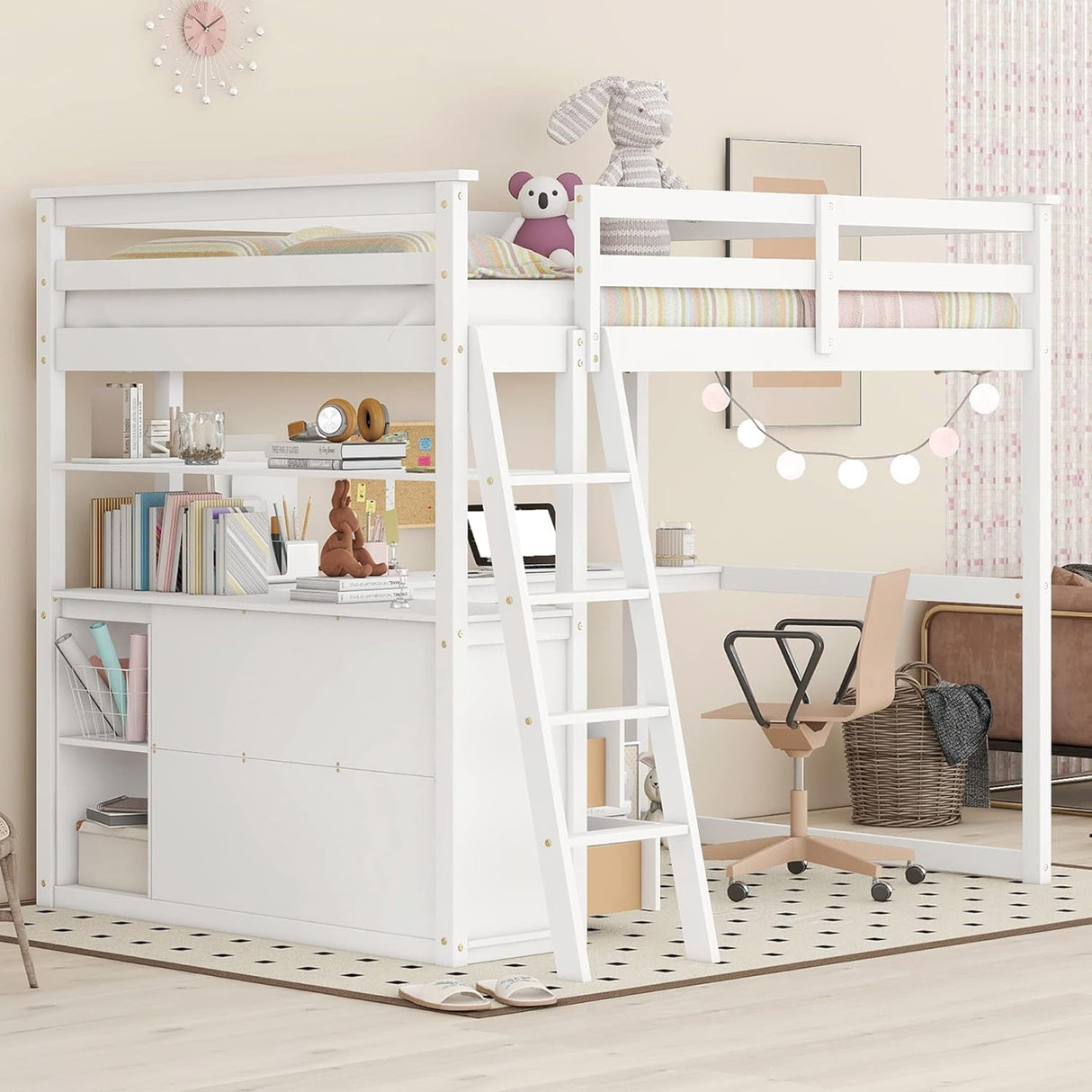 MERITLINE Full Size Loft Bed with Desk and Shelves, Wooden Loft Bed Full with Storage Drawers for Kids Teens Boys Girls,No Box Spring Needed (Full, White) MERITLINE