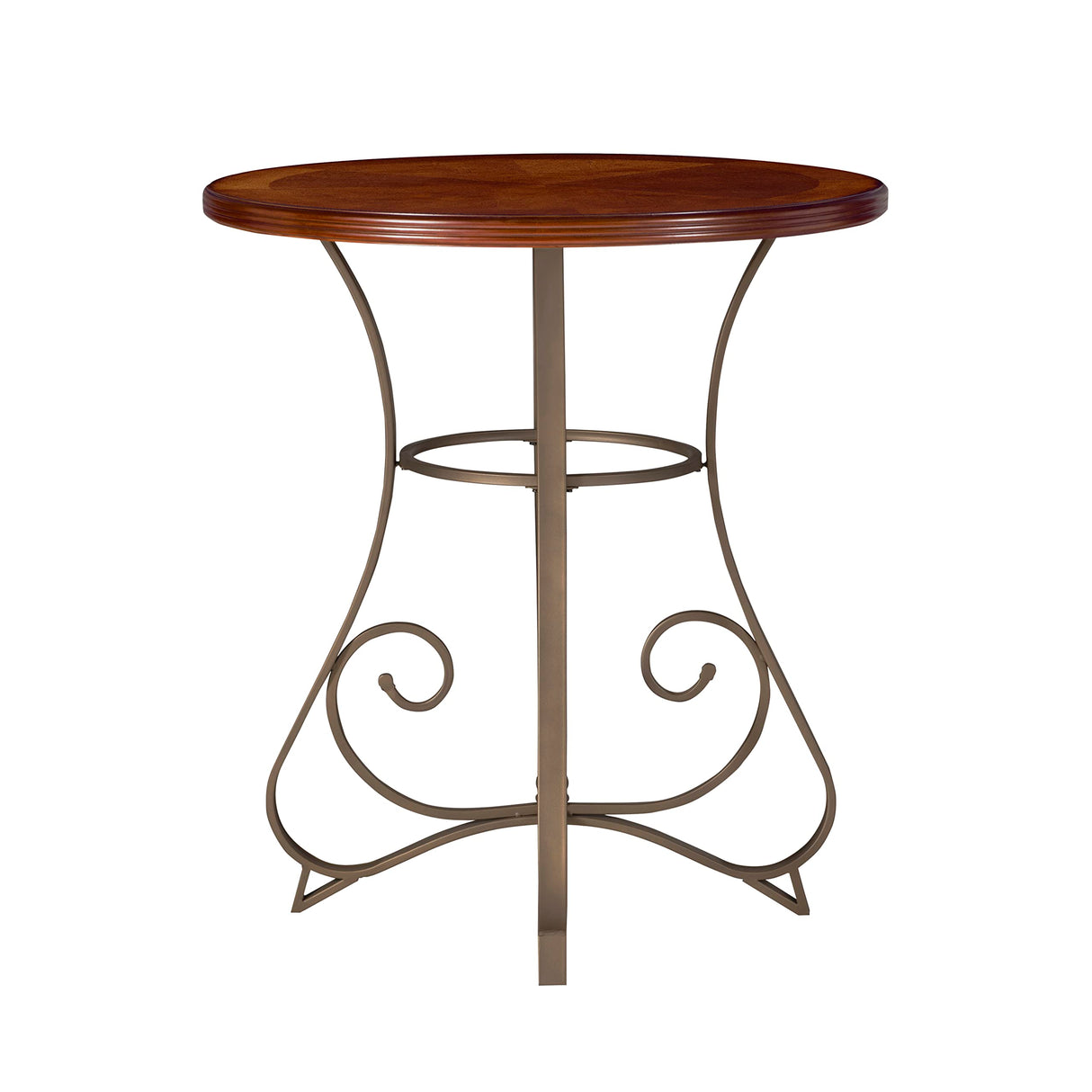 Powell 697-404 Hamilton Pub Table, Brushed Faux Medium Cherry wood Matte Pewter & Bronze metal 36" x 36" x 42" tall Powell