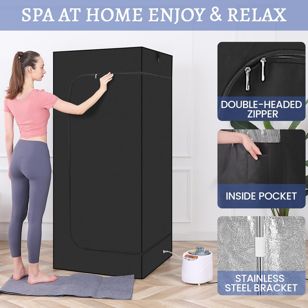 Full Body Personal Home Sauna Box, Portable Steam Saunas Tent, 1100W & 3L Sauna Steamer, Remote Control, Foldable Chair(Black) Cofute