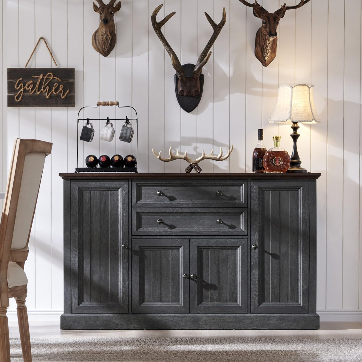 Farmhouse Sideboard Buffet Cabinet with Storage, 58'' Large Coffee Bar Stroage Cabinet with 2 Drawers and 4 Doors, Wood Rustic Accent Cabinet for Dinning Room, Hallway, and Living Room, Dark Grey IFGET