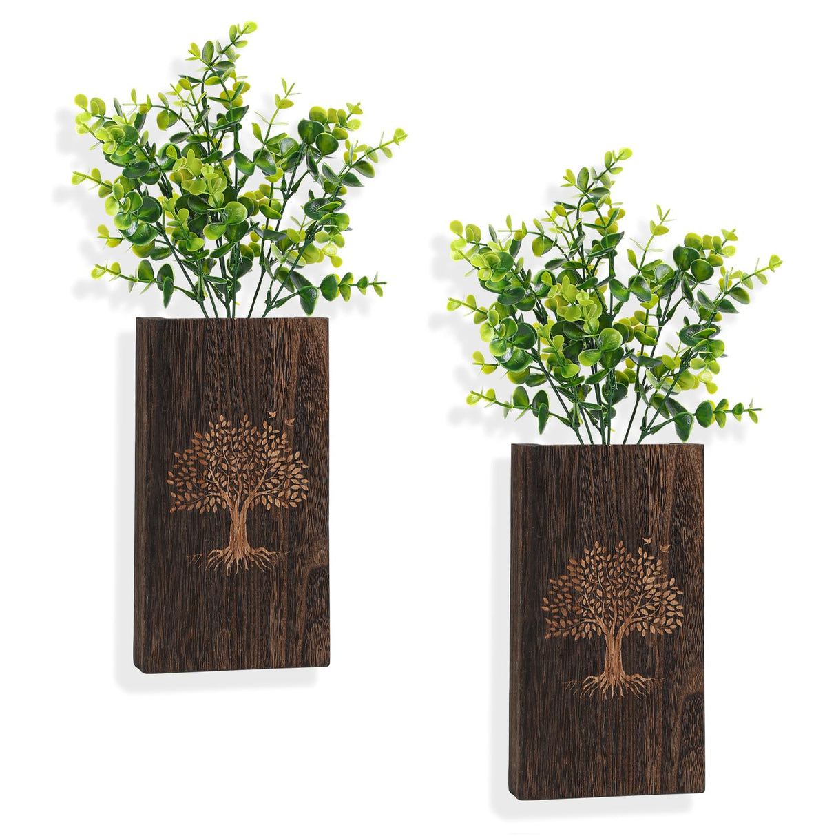 CypherX Wood Wall Planter with Artificial Eucalyptus Set of 2, Farmhouse Wall Decor for Living Room Bathroom Bedroom Kitchen, Wooden Pocket Wall Vases for Fake Plants Greenery and Dried Flowers CypherX