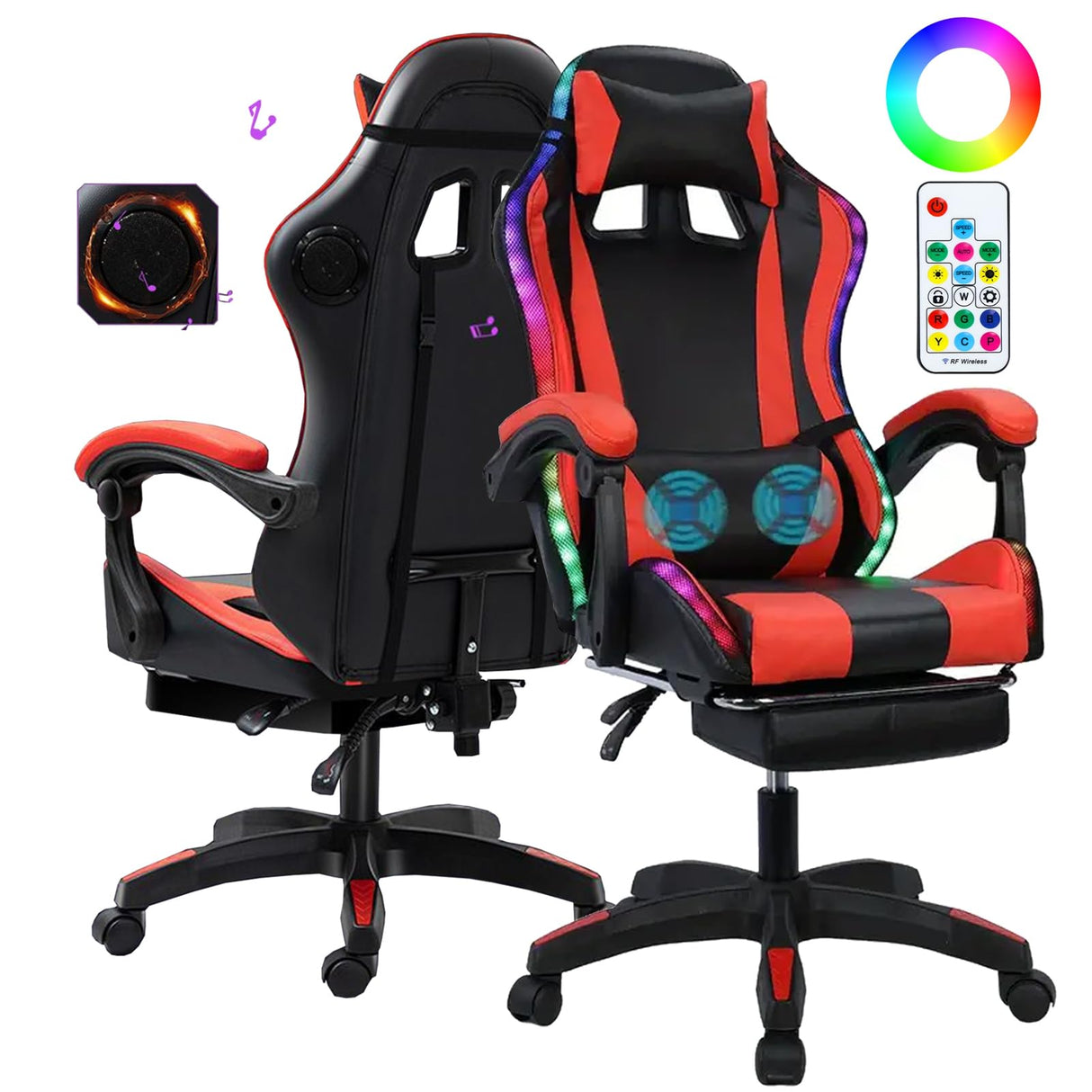 mufsceku Gaming Chair with Footrest,Massage,Ergonomic Computer Desk Chair with Bluetooth Speakers,LED Lights,Height Adjustable Swivel Task Chair High Back with Lumbar Support,397lbs Capacity Red mufsceku