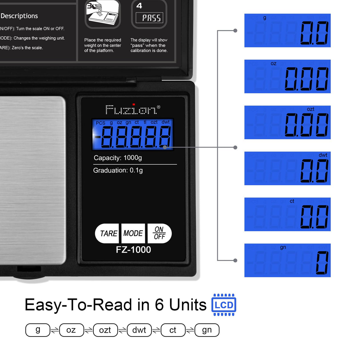 Fuzion Digital Pocket Gram Scale 1000g/0.1g, Small Digital Scales Grams Ounces Grains, Herb Scale, Jewelry Scale, Portable Travel Food Scale Fuzion