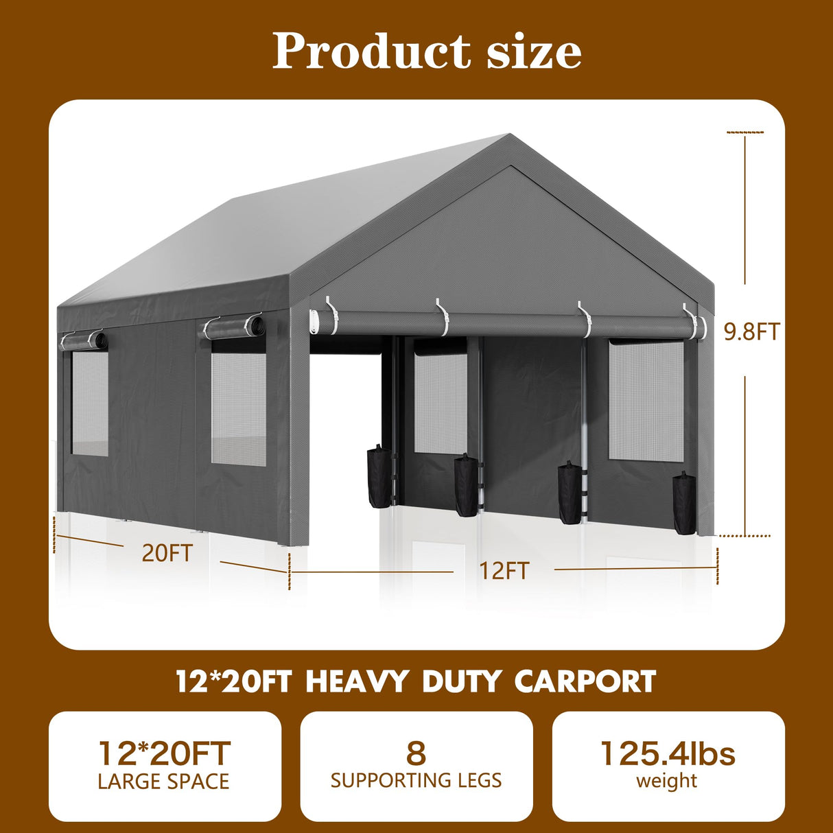 Walsunny Carport, 12x20 ft Heavy Duty Carport Canopy with Roll-up Windows, Portable Garage with Removable Sidewalls & Doors, Car Canopy with All-Season Tarp for Car, Truck, Boat Walsunny
