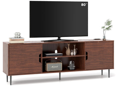 Redkey TV-Stand for Living Room - Mid Century Modern TV Stand with 3AC Outlets, Farmhouse Television Stands for 70 75 80 Inch TVs - Adjustable Shelf Height - Large Space Capacity - Reddish Brown