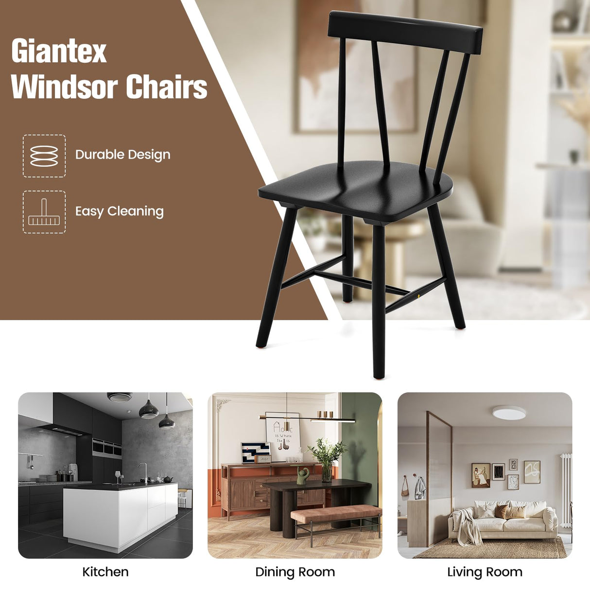Giantex Set of 2 Windsor Chairs, Rubber Wood Dining Chairs with Spindle Back, Wide Seats, Anti-Slip Foot Pads, Max Load 330 Lbs, Armless Wood Dining Side Chairs for Dining Room, Kitchen, Black Giantex