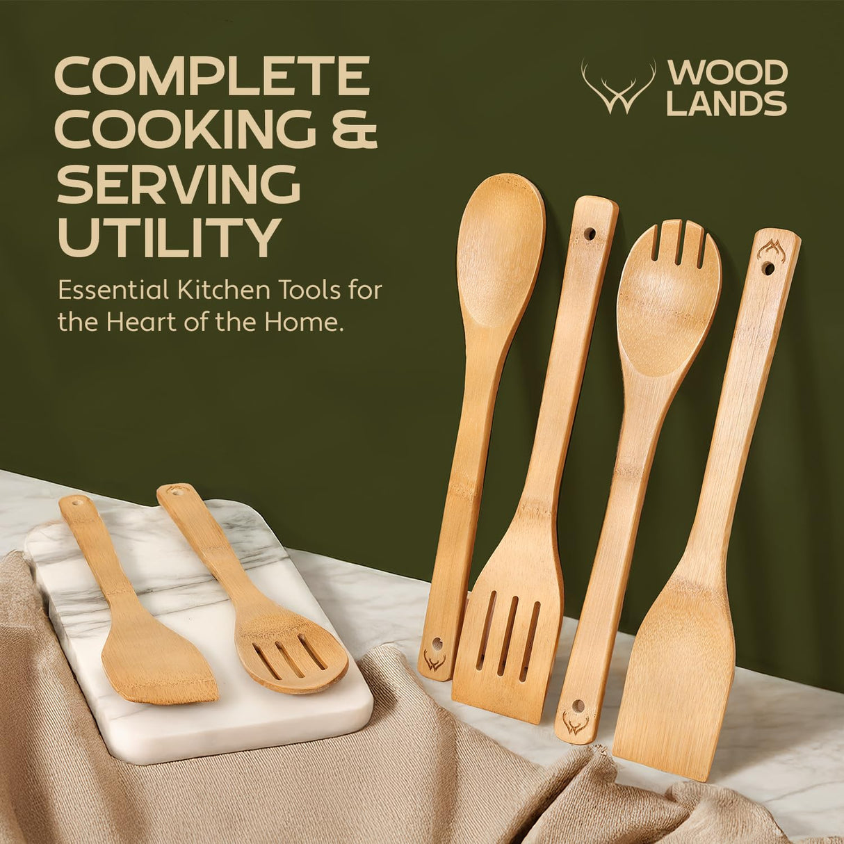 Woodlands-USA Wooden Spoons for Cooking - 6-Piece Wooden Kitchen Utensil Set - Natural Material Bamboo Spatula & wooden cooking utensils - Wooden Spatulas & Wooden Spoons Cooking Tools Set WOODLANDS USA