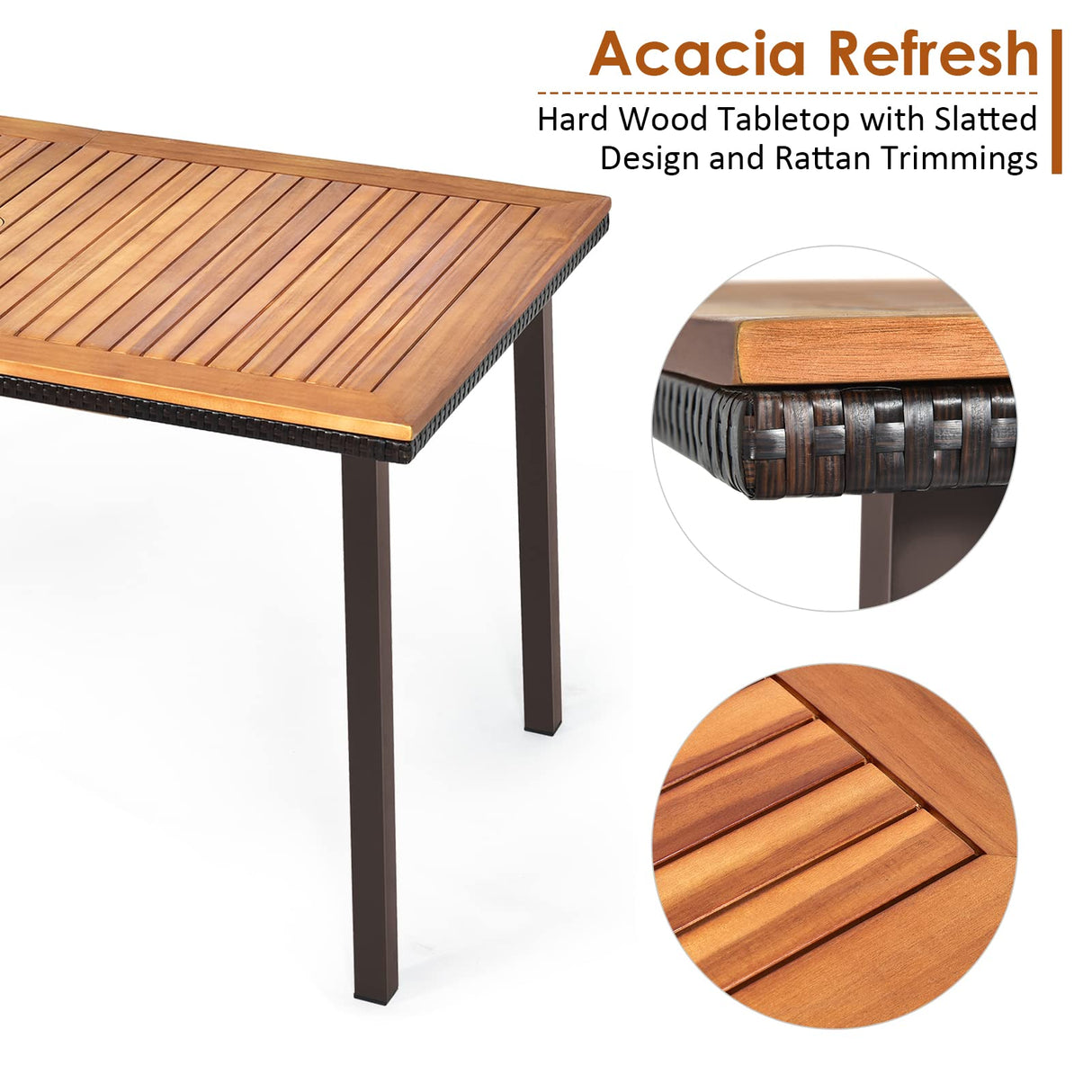 Tangkula Patio Acacia Dining Table, Outdoor Rectangle Dining Table with Acacia Wood Desktop, Steel Frame and Umbrella Hole, Perfect for Outdoor Entertaining, Deck, Backyard, Pool Side Tangkula