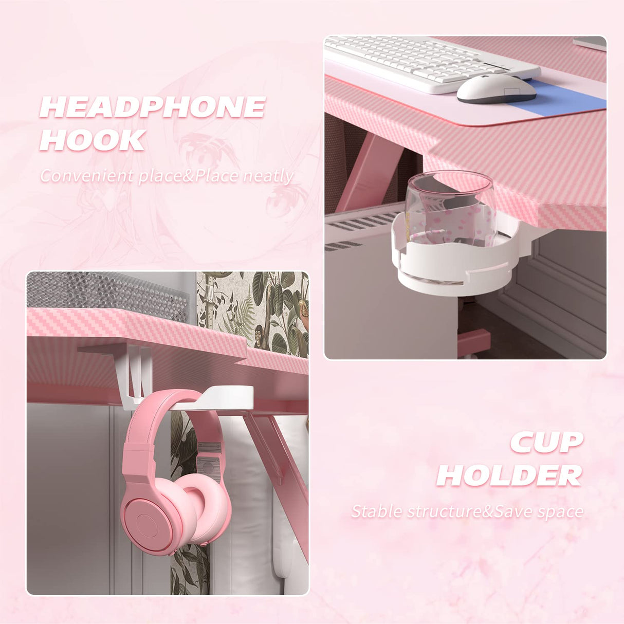 Homall Gaming Computer Desk with Carbon Fiber Surface, Gaming Table Z Shaped Pc Home Office with Cup Holder&Headphone Hook(44 in, Pink) Homall