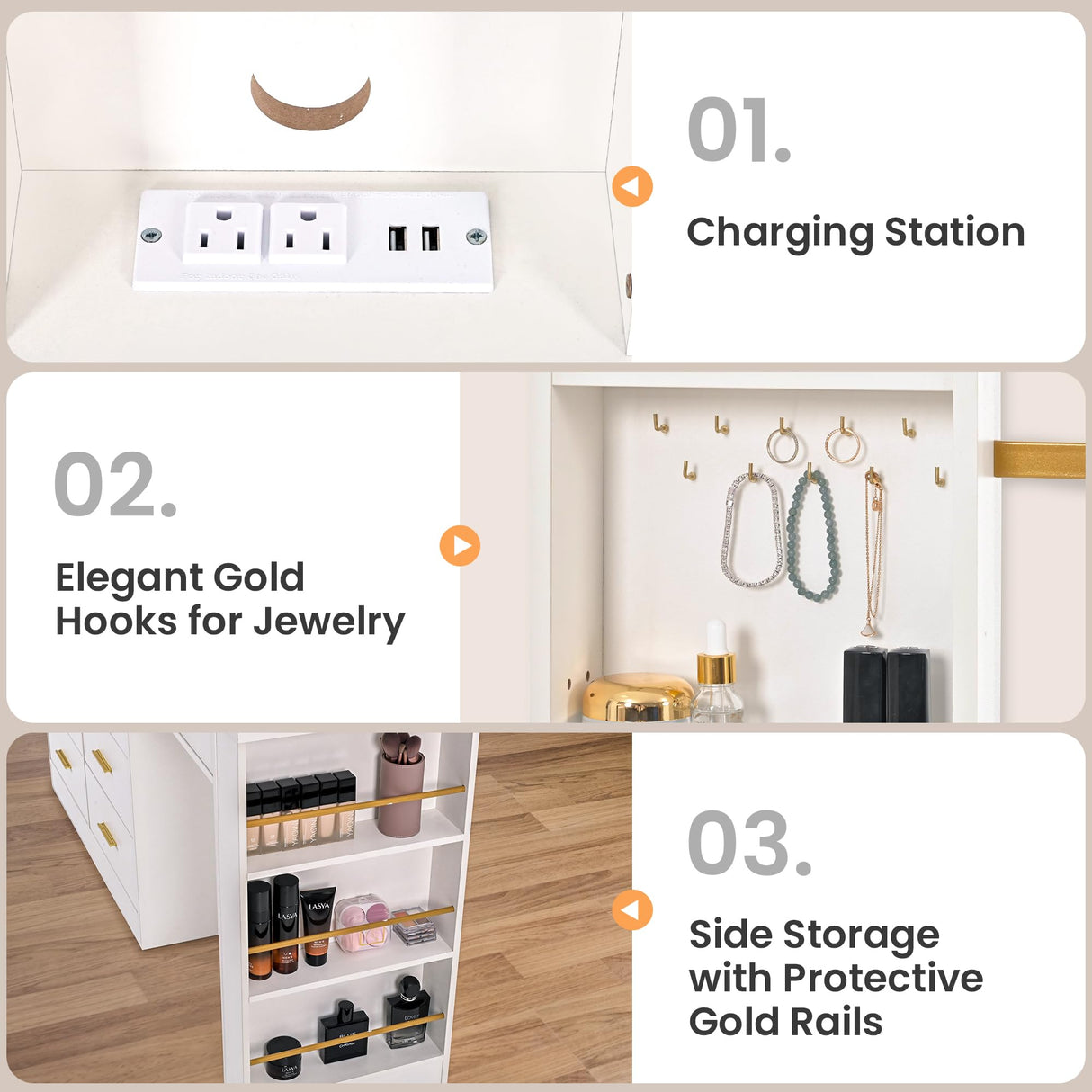 Pamapic 67" Vanity Desk with Mirror and LED Lights, Golden Handles 15 Storage Spaces White Vanity D, 8 Drawers Makeup Desk with Upgraded Silent Slides, Adjustable Width Dresser with Mirror Gift Pamapic