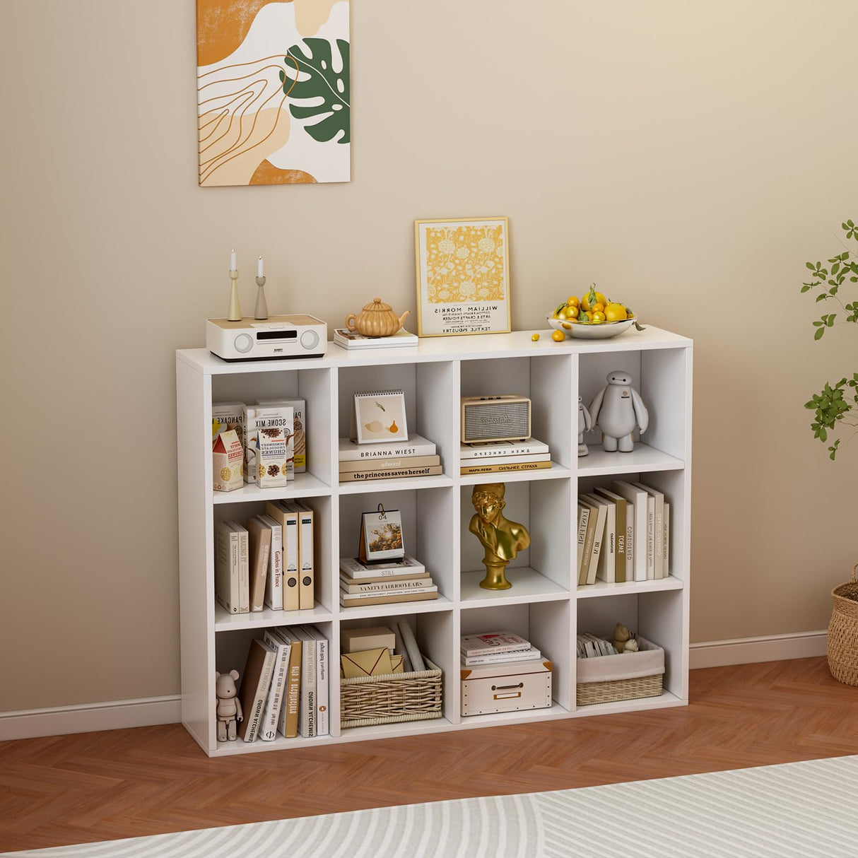 OSCHF 12-Cube Storage Shelf Bookcase - Wooden 3-Tier Floor Standing Open Bookshelf for Home and Office, Display Cabinet, Warm White OSCHF