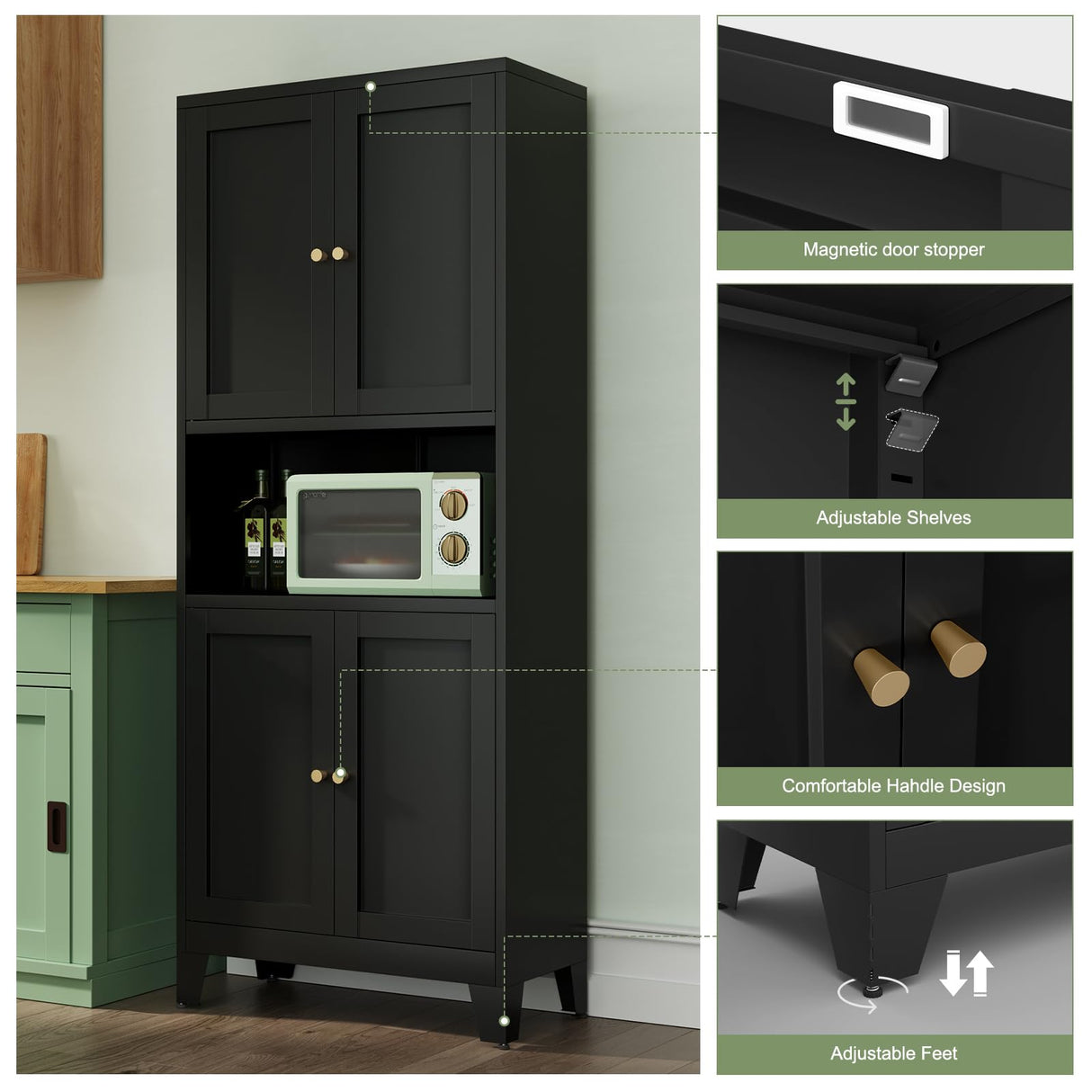 Bevivog 69" Pantry Cabinet,Tall Metal Storage Cabinet with Doors and Adjustable Shelves,High Freestanding Cupboard Locker for Kitchen,Dining Room,Living Room,Office,Black Bevivog