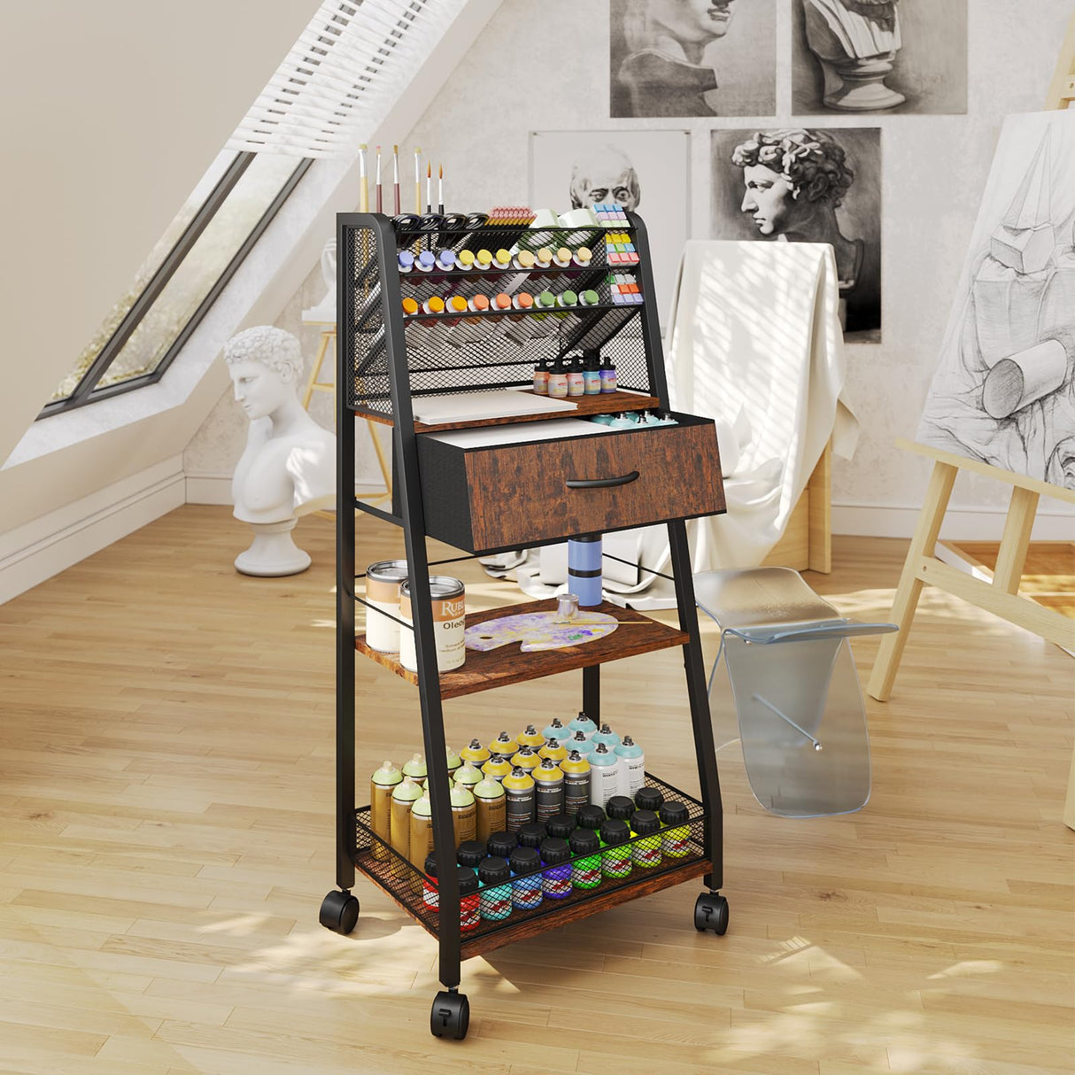 Homsorout 3 Tier Rolling Cart - Metal Utility Cart with Storage Drawer and Wheels, Versatile Art & Craft Organizer for Home, Office, or Studio - Ideal for Storing Brushes, Paints, and Supplies Homsorout