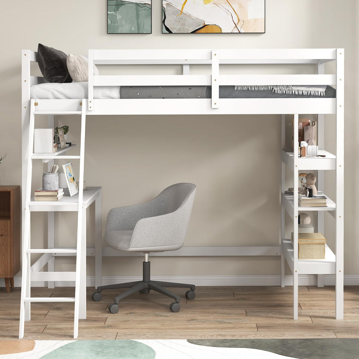 KOTEK Twin Loft Bed with Desk & Storage Shelves, Solid Wood Loft Bed Frame with Bookcase, Ladder, Guardrails, Twin Size Loft Bed for Kids, Teens, Drom, Apartment (White) KOTEK