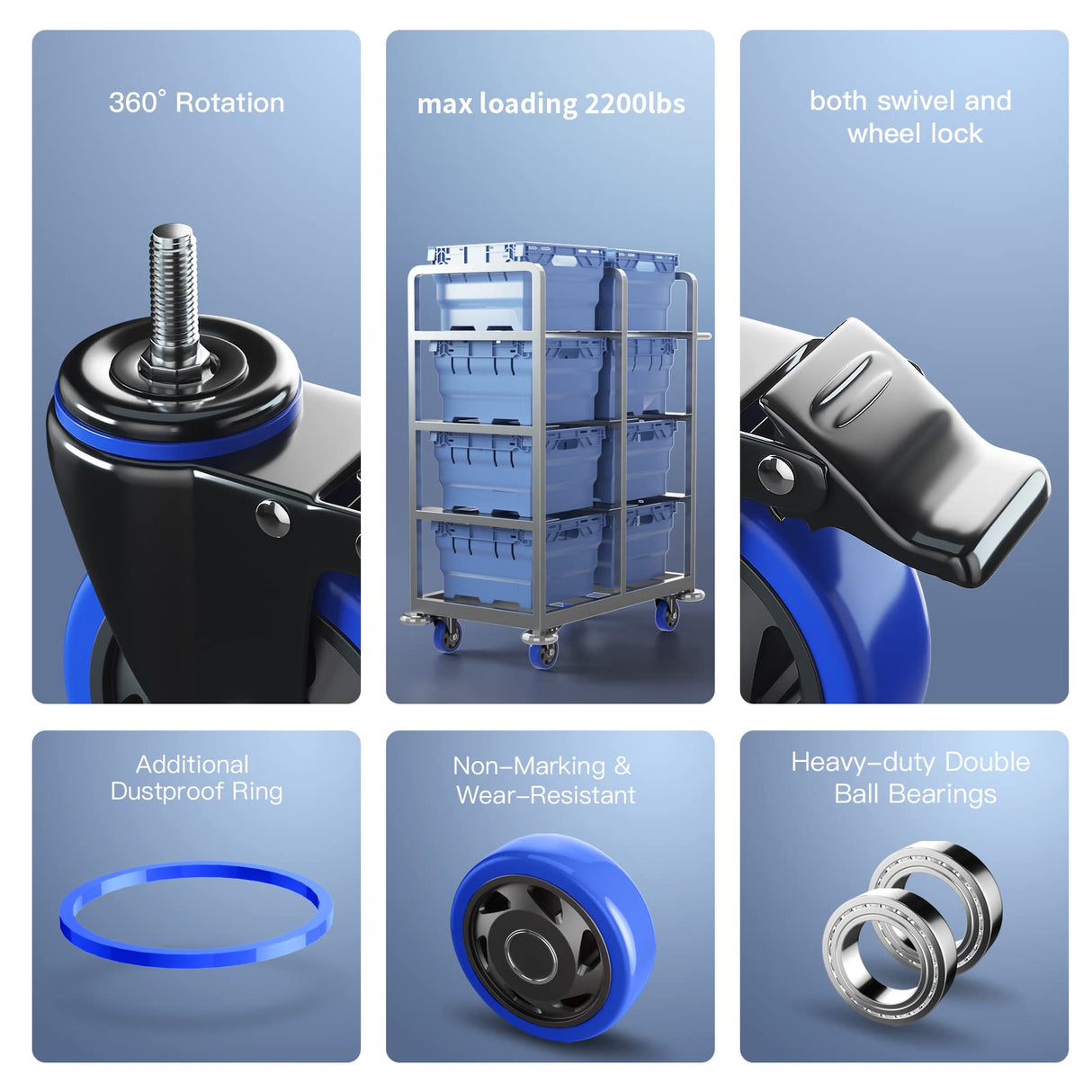 4 Inch Stem Caster Wheels Heavy Duty with Dual Locking 2200Lbs, Threaded Stem Casters 3/8" -16 x 1, Swivel Industrial Casters Set of 4, Wheels for Cart and Furniture WOZESEIK