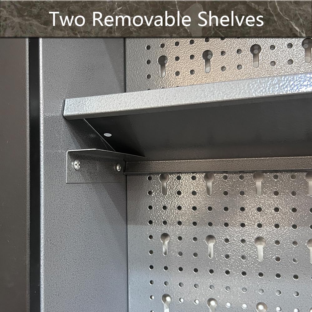 Industrial Steel Garage Storage Cabinet System, Included Pegboard Wall Cabinet Wood Table Top, for Auto Repair Shops, Utility Room JZD