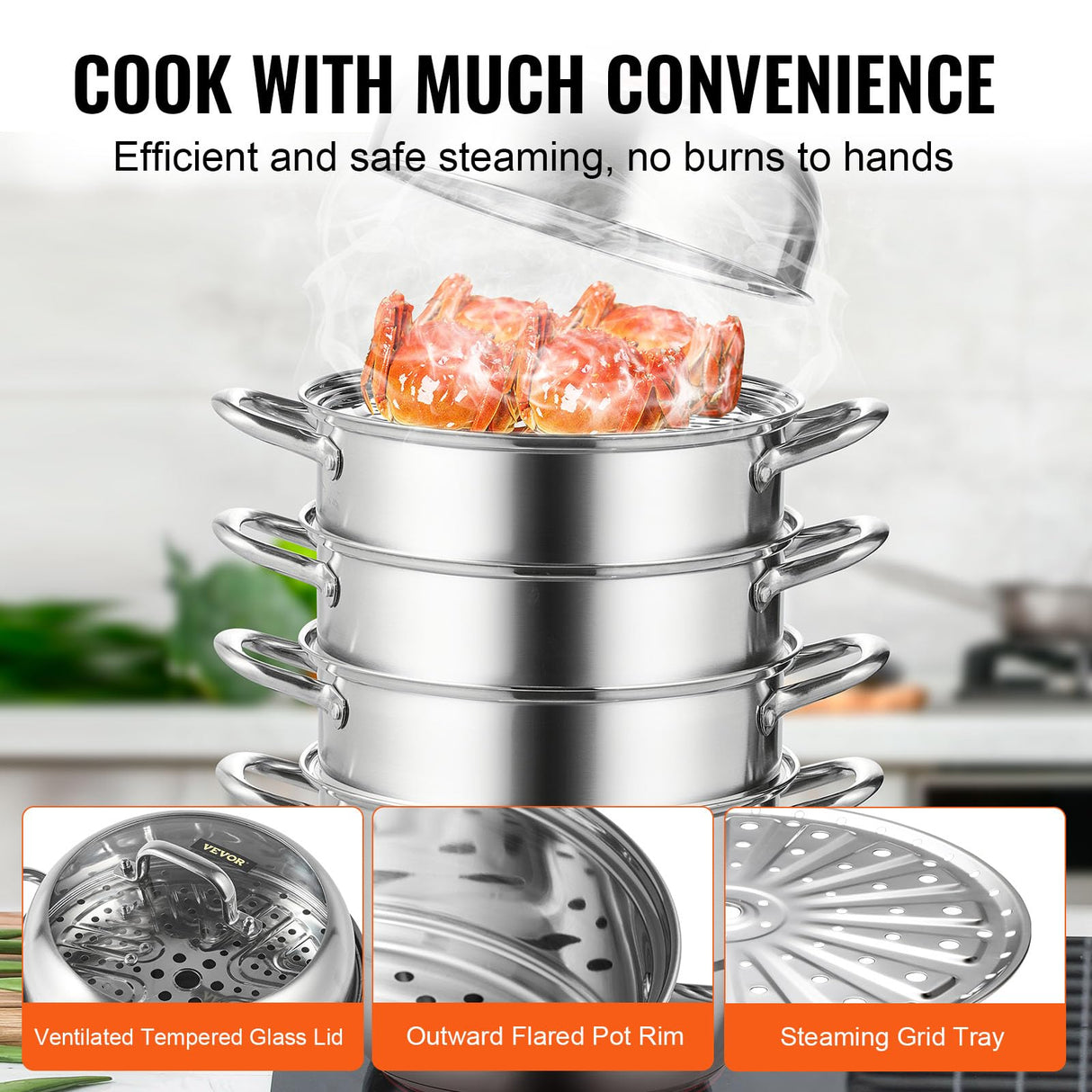 VEVOR Steamer Pot 11.8in/30cm, 5 Tier Steamer Pot for Cooking with 10QT Stock Pot, 3 Vegetable Steamers & 2 Steaming Trays, Food-Grade 304 Stainless Steel Food Steamer Cookware for Gas Electric Stove VEVOR