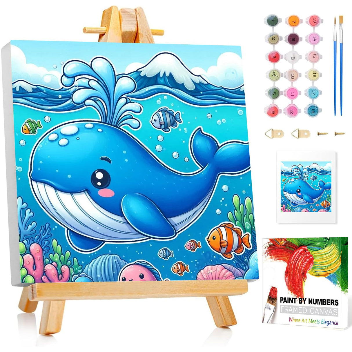Reivworl Dolphin Paint by Numbers Kit for Kids, Dolphin Paint by Number with Frame and Easel, Paint by Number Kids Age 5-8-12 for Gifts and Decor (8X8 Inch) Reivworl