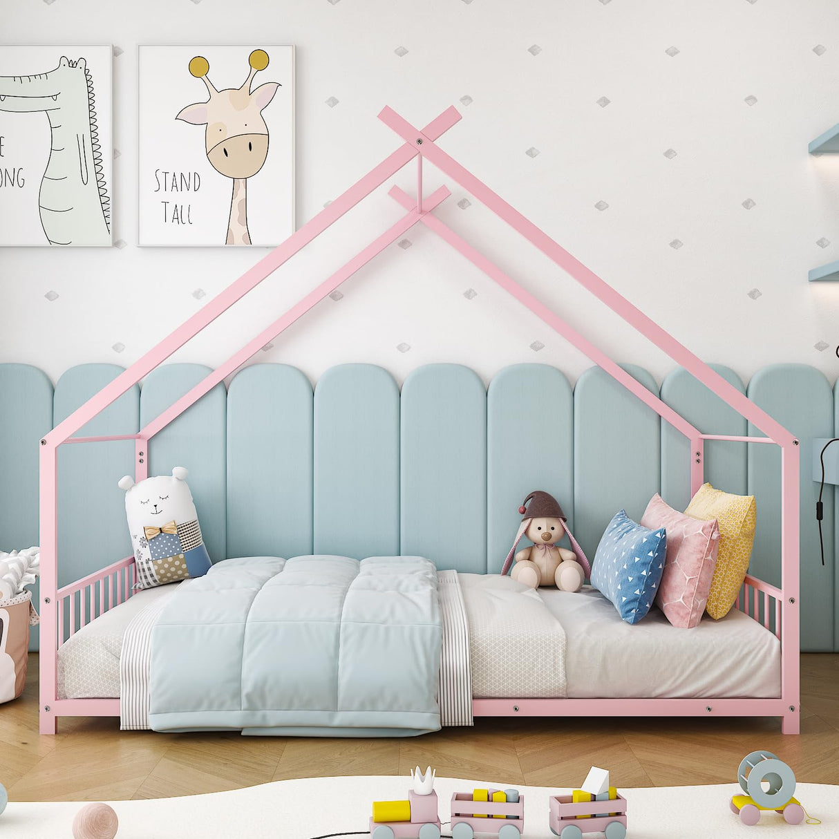 Karl home Twin Size Toddler Floor Bed, Metal Montessori Bed with Slats & Fence, Roof/House/Canopy Bed Frame for Girls, Boys, No Box Spring Needed, Pink Karl home