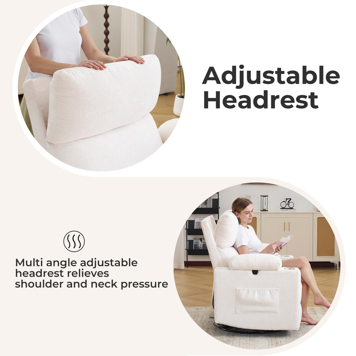 Rocking Chair Nursery with Adjustable Armrests, Electric Glider Recliner Nursing Chair for Breastfeeding, Power Swivel Recliner Chairs with Massage and Heat, Adjustable Headrest , FSC Certified, White Rhevoy