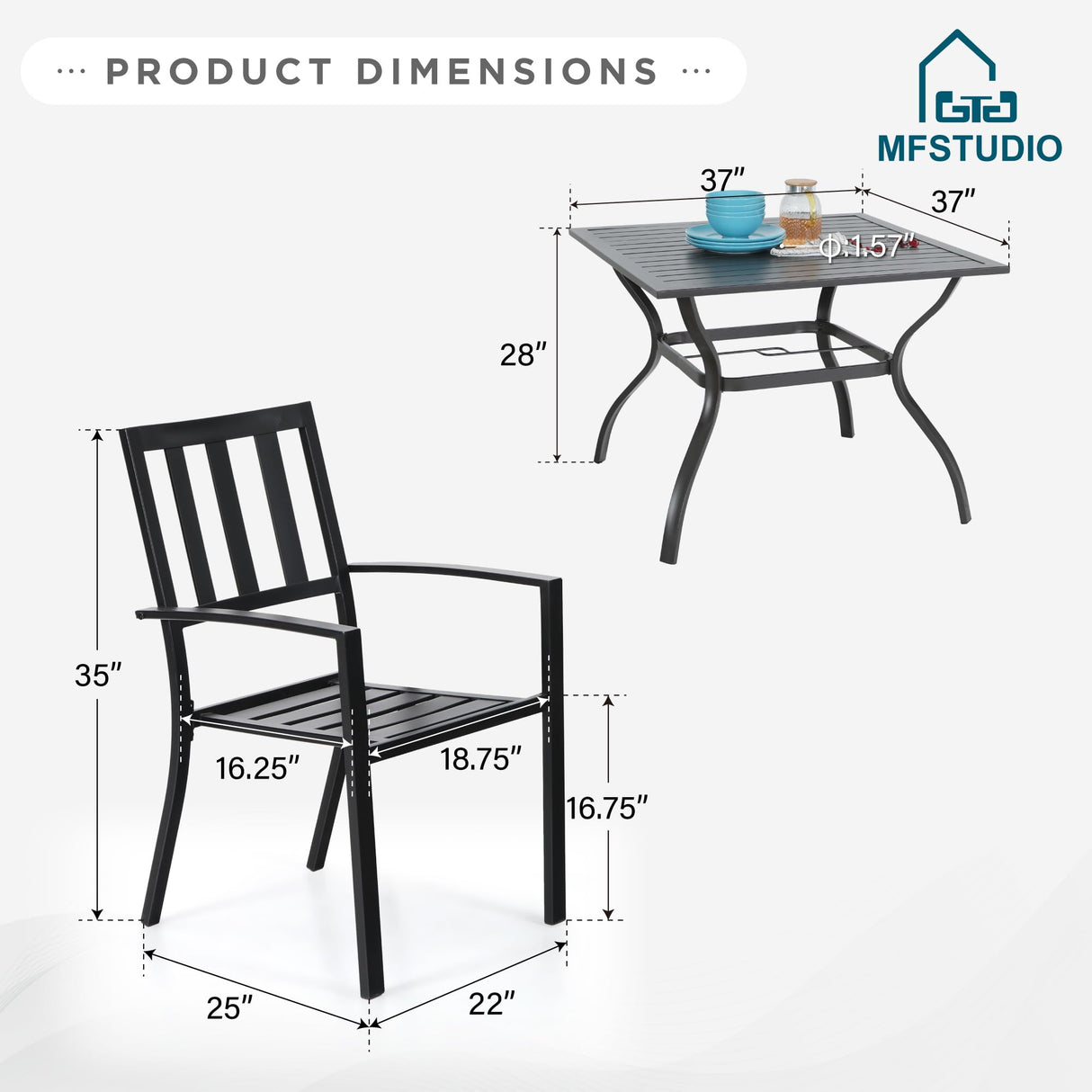 MFSTUDIO Outdoor Dining Set for 4, Patio Table and Chairs Set with Umbrella Hole, Metal Patio Furniture Set for Deck/Backyard/Poolside/Garden MFSTUDIO