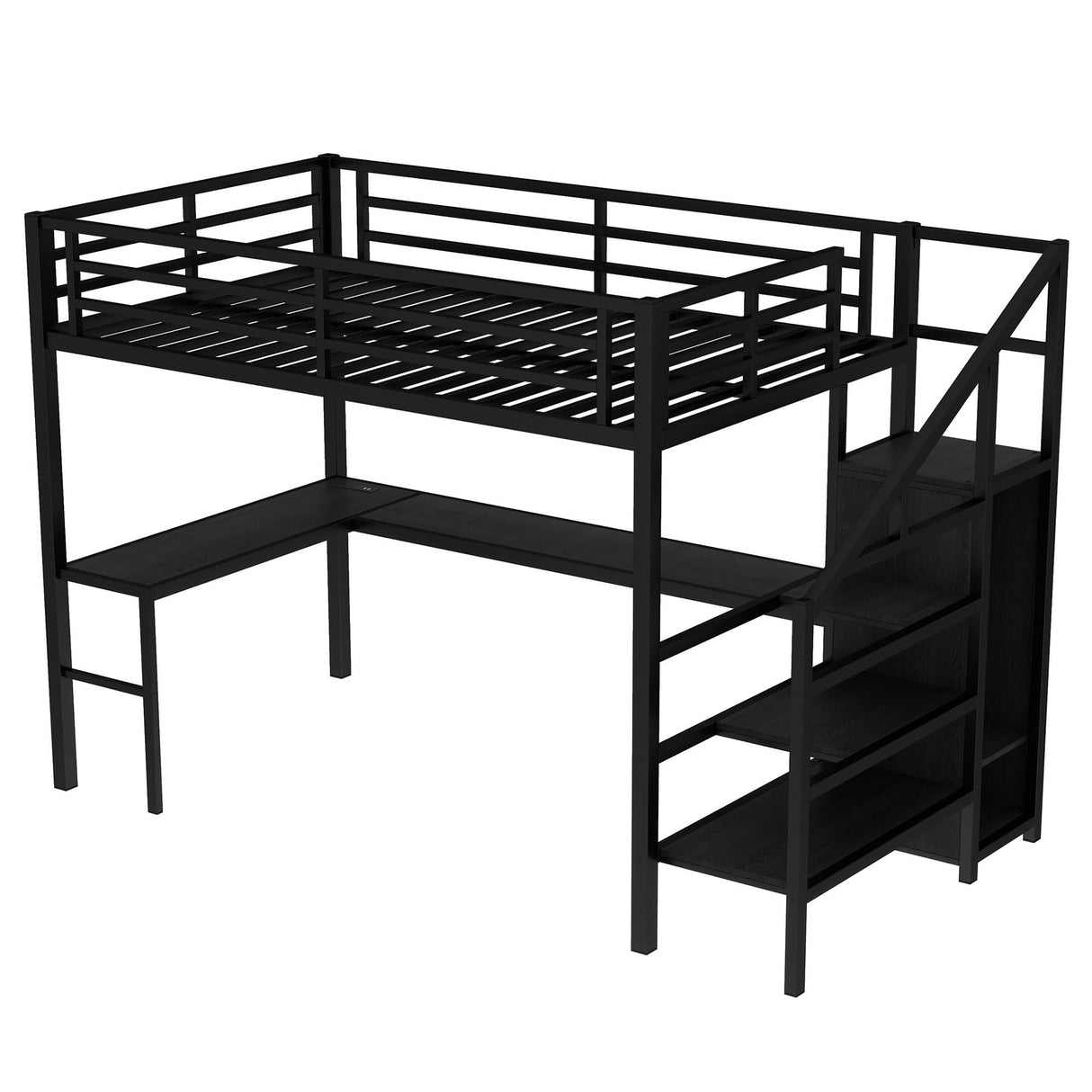 Metal Full Size Loft Bed with Desk and Stairs,Heavy Duty Loft Bed Frame with Wardrobe,LED Loft Bed Full Size with Charging Station for Kids,Teens,Adults,Black Bellemave