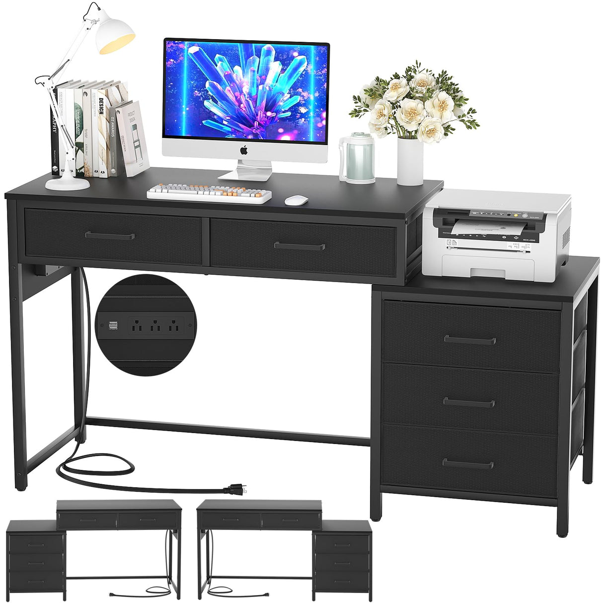 Hyomdeck Computer Desk with 5 Drawer, Reversible Office Desk with Power Outlets and USB Charging Ports, Sturdy Writing Table with File Cabinet and Printer Stand, Laptop Desk for Small Spaces, Black Hyomdeck