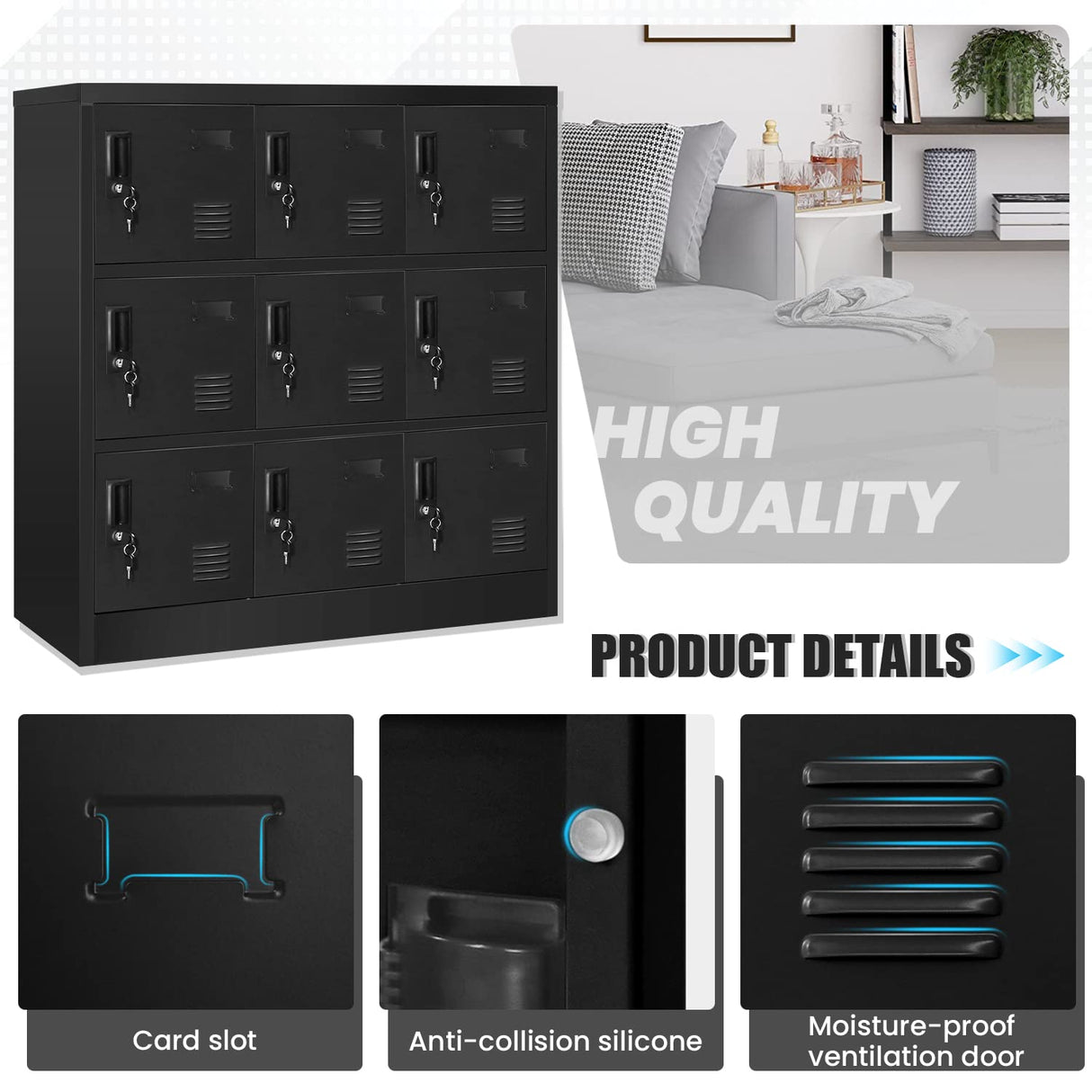 Greenvelly 9 Door Storage Locker for Employee, Metal Locker for Office, Gym, Shool, Lockable Black Steel Locker with Lock and Card Slot for Home,Garage Greenvelly