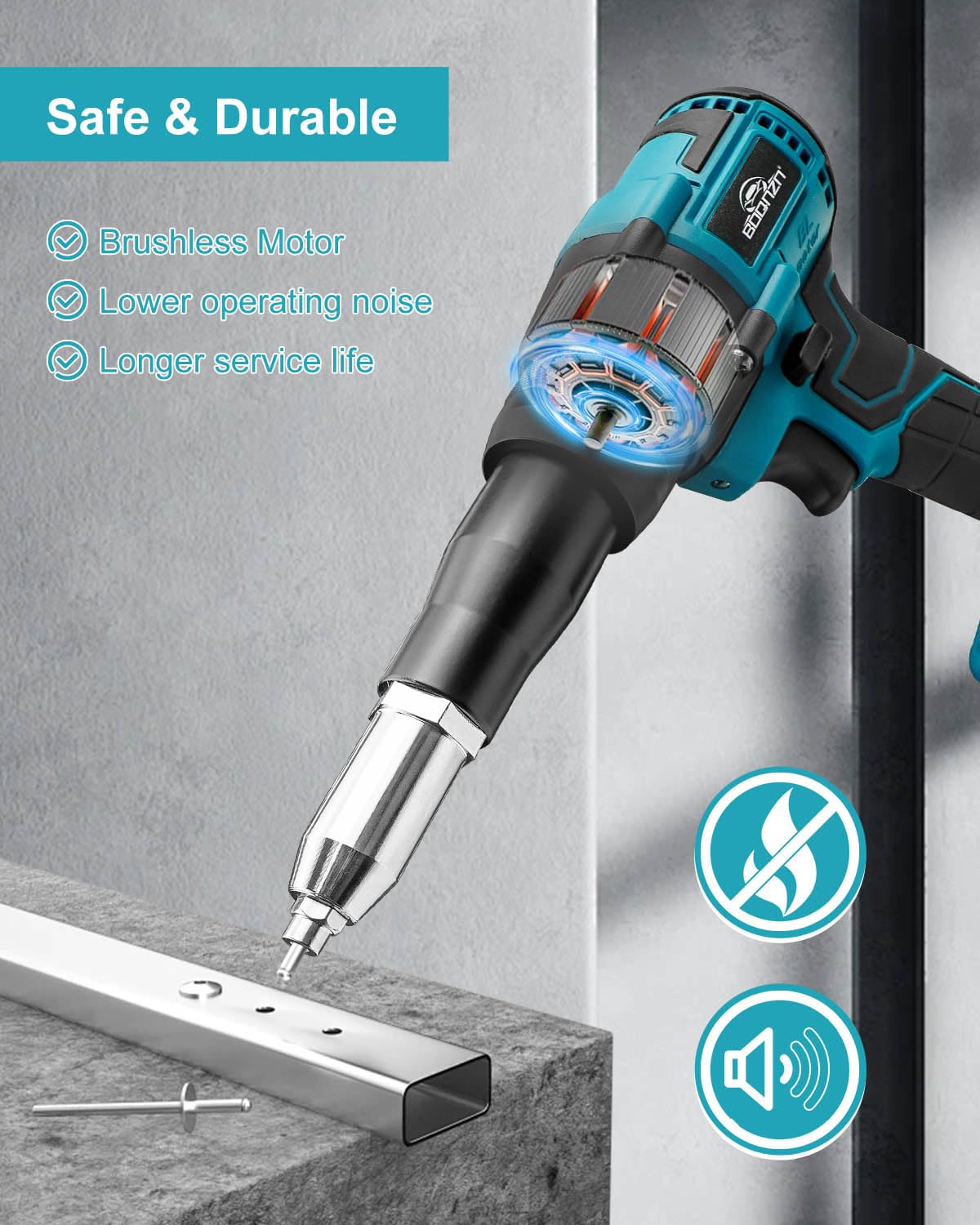 BOQNZN Cordless Rivet Gun with Charger and 2 Batteries, Electric Brushless Blind Rivet Tool Kit, Portable Rivet Gun for 1/8", 5/32", 3/16" Rivets BOQNZN