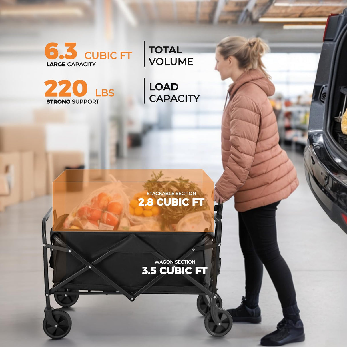 Collapsible Wagon 220 lbs, Heavy Duty Wagons Carts Foldable, Portable Wagon for Groceries, Beach Cart with All-Terrain Wheels & Drink Holders, Wagon Cart for Shopping, Sports, Outdoor Camping, Black PASAMIC