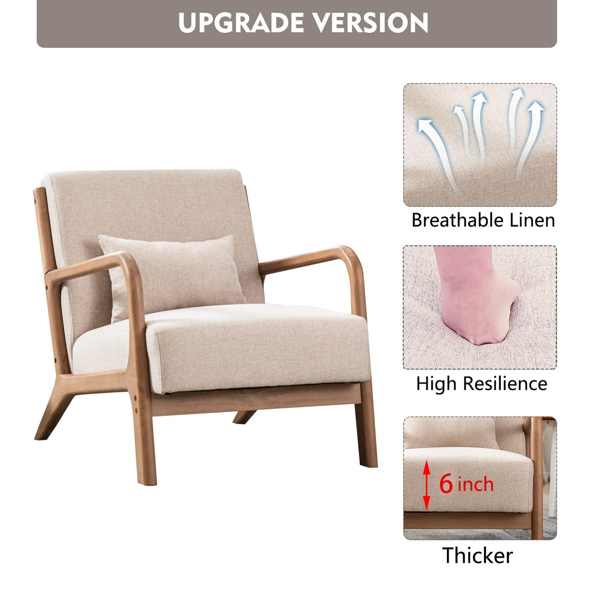 ANJHOME Mid Century Modern Accent Chair, Comfy Fabric Living Room Chairs with Solid Wood Frame, Lounge Reading Armchair, Easy Assembly, Beige ANJ