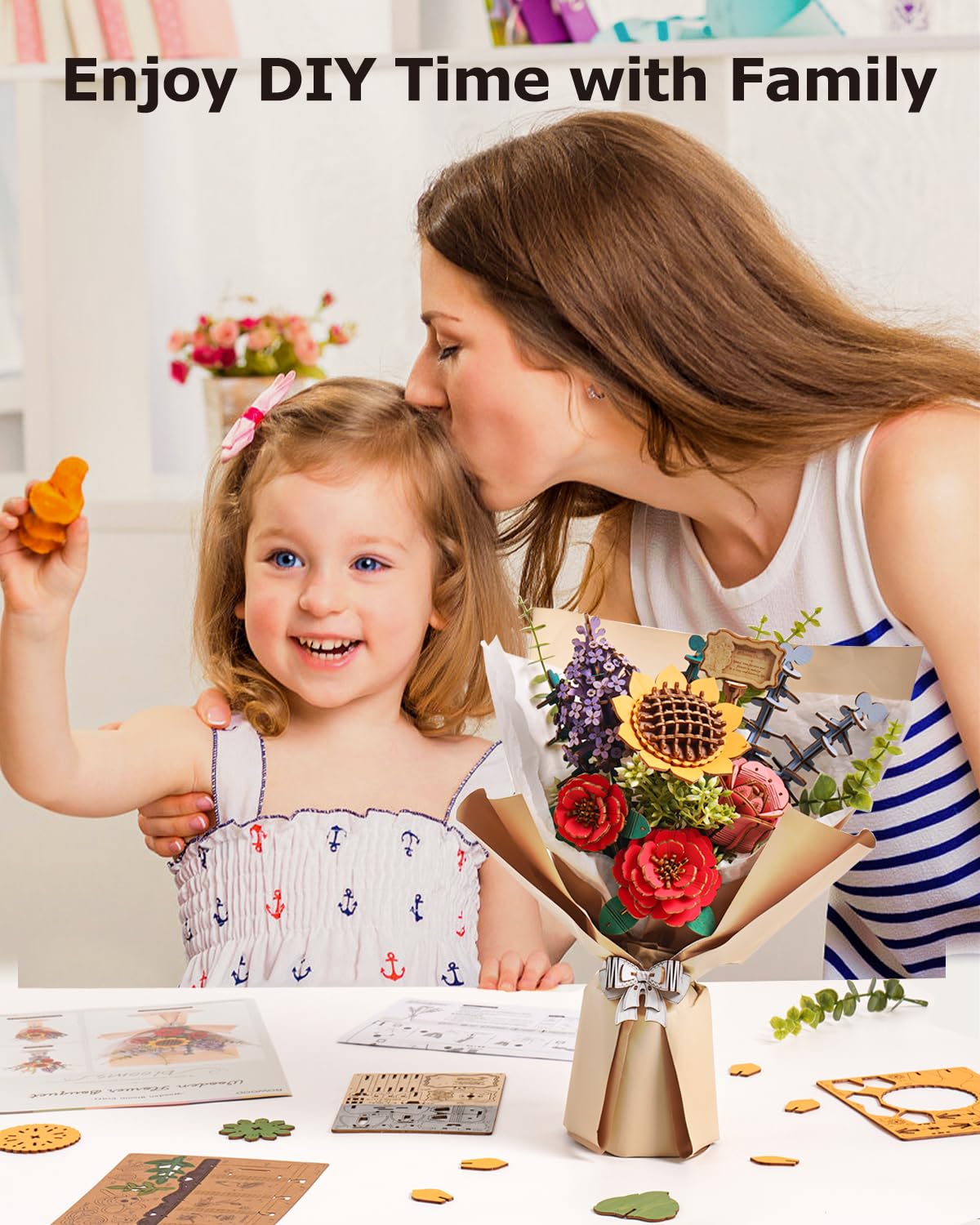 ROBOTIME 3D Puzzles Wooden Flower Bouquet DIY Model Building Kit to Build for Adults Artifical Bouquet Botanical Collection Craft Brain Teaser Puzzle Creative Gift Home Decor ROBOTIME