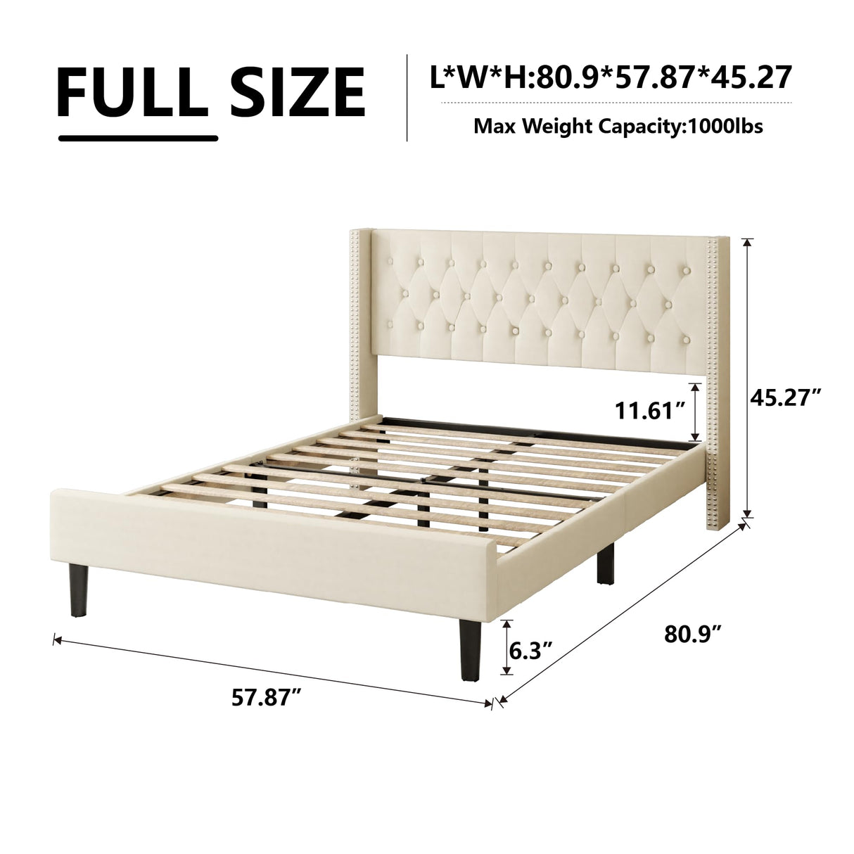 Full Size Bed Frame, Upholstered Platform Bed with Wingback Headboard, Velvet Button Tufted, Easy Assembly, No Box Spring Needed, Beige HAOARA