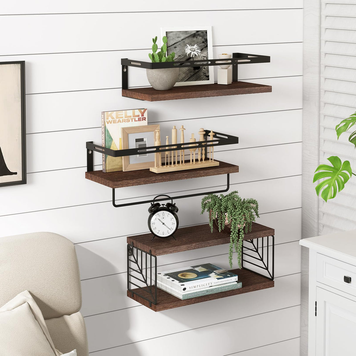 Fixwal 3+1 Tier Wall Mounted Bathroom Shelves Over Toilet, Rustic Wood Floating Shelves with Metal Frame and Towel Bar for Bathroom, Kitchen, Bedroom, Living Room (Dark Brown) Fixwal