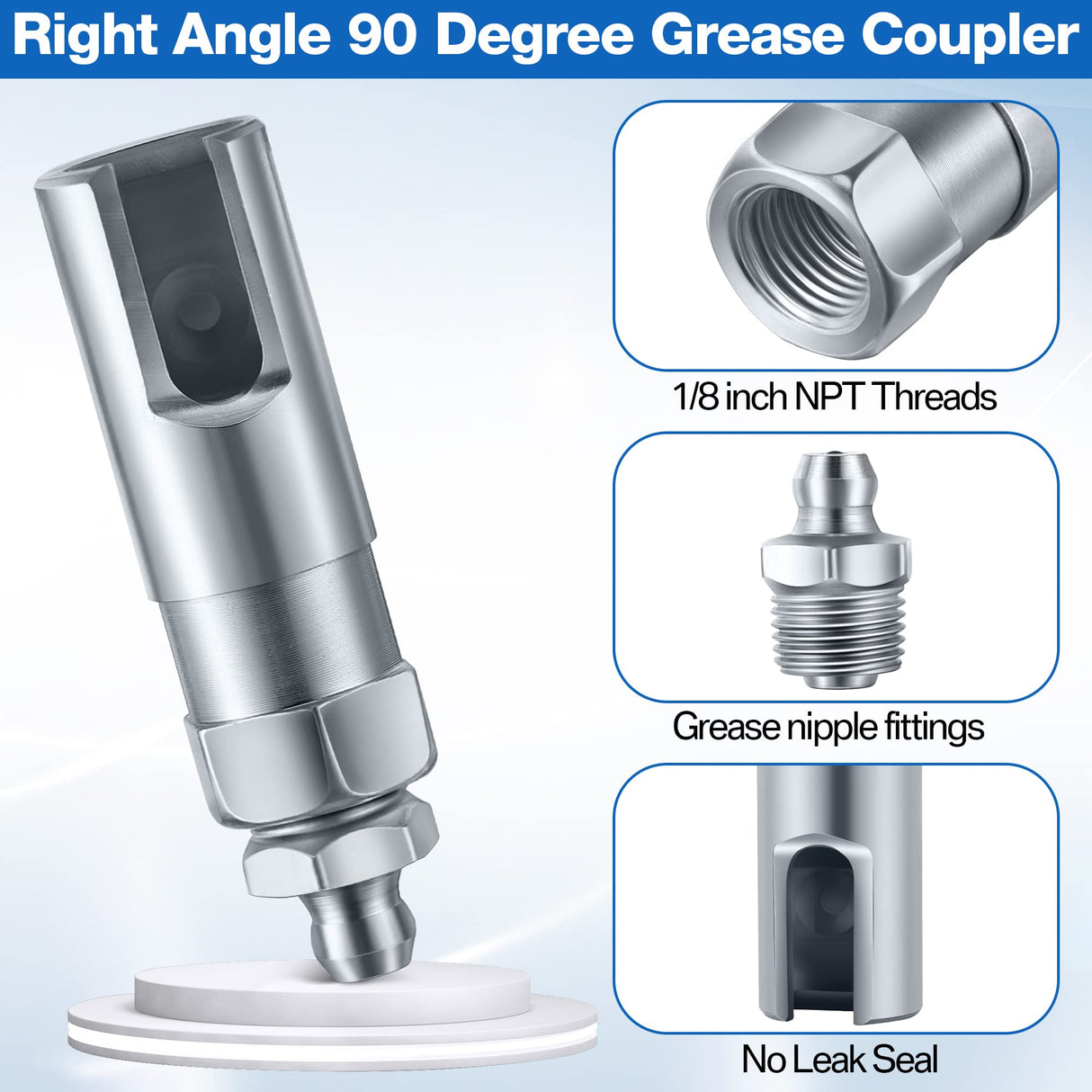 Saillong Grease Gun Coupler with 1/8 inch NPT Threads, Push on Slotted Right Angle 90 Degree Grease Coupler Fits Standard 1/8 inch NPT Grease Hoses, 2.1 Inch Length Saillong