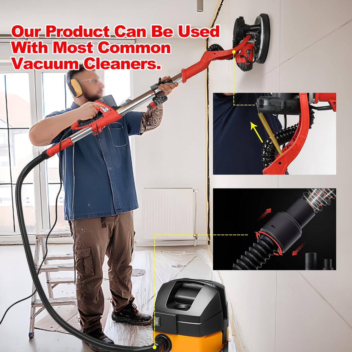 Drywall Sander, 850W Electric Drywall Sander with Vacuum Dust Collection, 7.2A Floor and Popcorn Ceiling Removal Tool, 6 Variable Speed 900-1800RPM, 16 Sanding Discs,Pure-Copper Motor, IP20 Waterproof SFESGRER