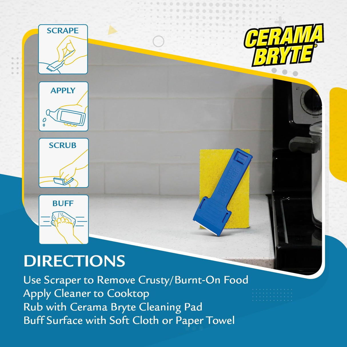 Cerama Bryte 1 x Scraper & 1 x Pad Kit Cooktop and Stove Top Cleaner for Glass - Ceramic Surfaces, 2 Piece Set Cerama Bryte