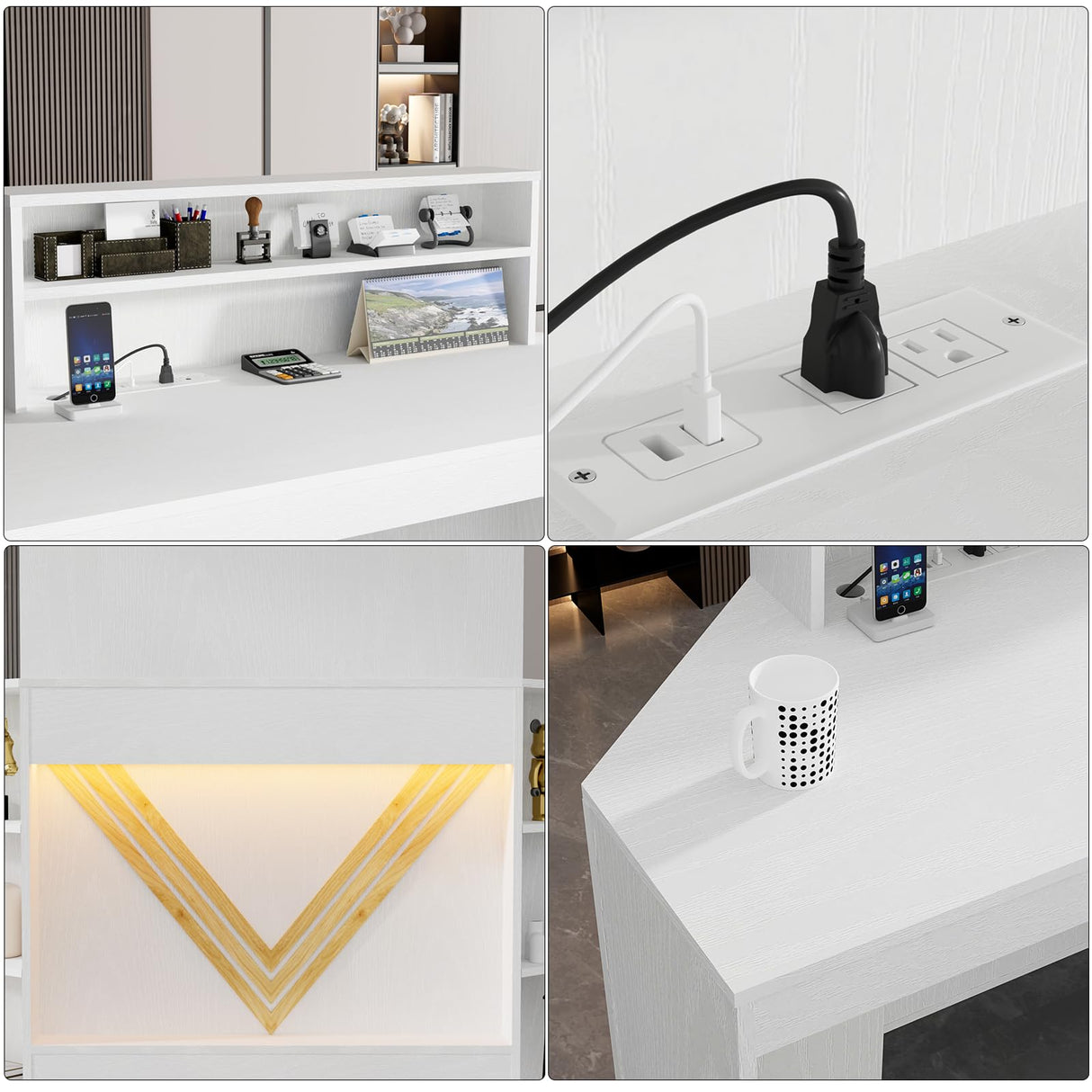 VOWNER 39.3" H Modern Reception Desk with LED Lighting, Office Counter with Display Cabinet, Secretary Desk with Power Outlets – Front Desk for Salon, Lobby (55.1" W x 21.2" D x 39.3" H) (White) VOWNER