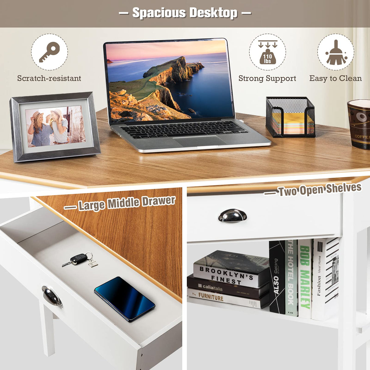 COSTWAY Corner Desk, Writing Corner Computer Desk with Drawer for Small Space, Wood Makeup Vanity Desk, Small Corner Desk with Shelves, Office Study Workstation, White Corner Desk (Natural) COSTWAY