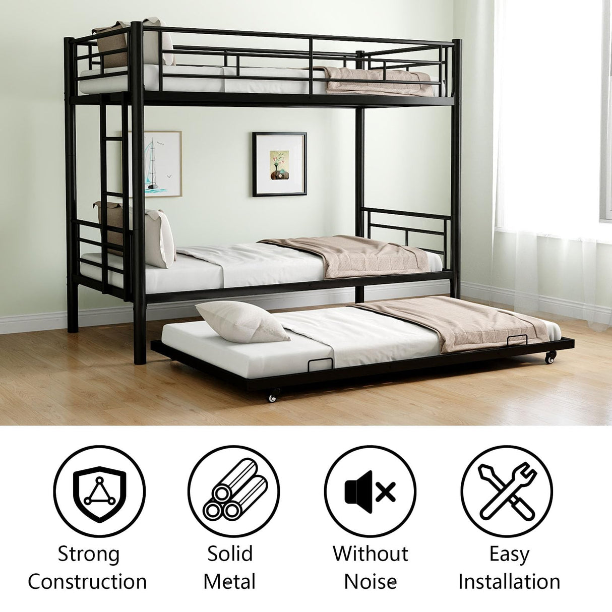 QSOSTNS Twin Over Twin Metal Bunk Bed with Trundle,Heavy Duty Bunk Beds Frame with 2 Side Ladders afety Guardrails and ladders for Kids/Teen/Adults, Easy to Assemble, No Box Spring Needed(Black) QSOSTNS