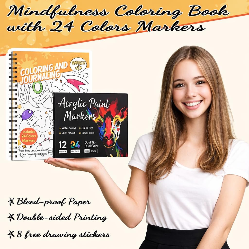 Coloring Book Set with 24-Color Acrylic Markers & Stickers, Ages 14+ Travel Sketch Book, 60 Pages 150gsm Thick Paper (7x8.3in) Spiral Bound Art Supplies Prudiut