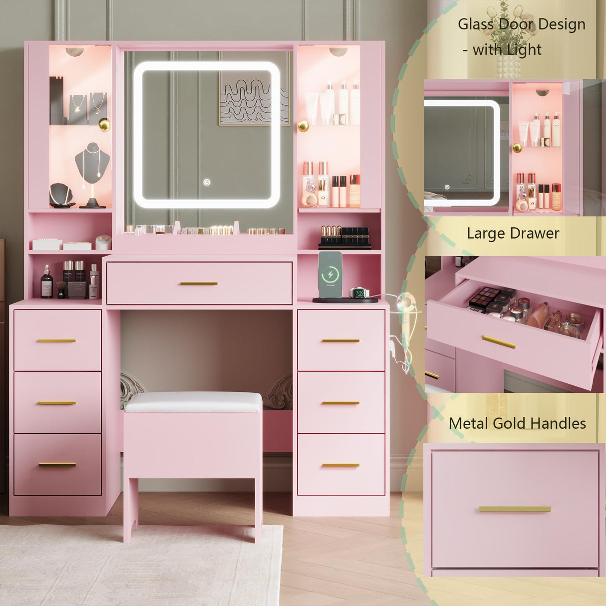 BORNOON Makeup Vanity with LED Light Strip Mirror and Chair, 7 Drawers & 2 RGB Cabinets White Vanity Makeup Desk with Power Strip, Adjustable LED Lighting, and Cushioned Stool for Women, Girls, Teens BORNOON