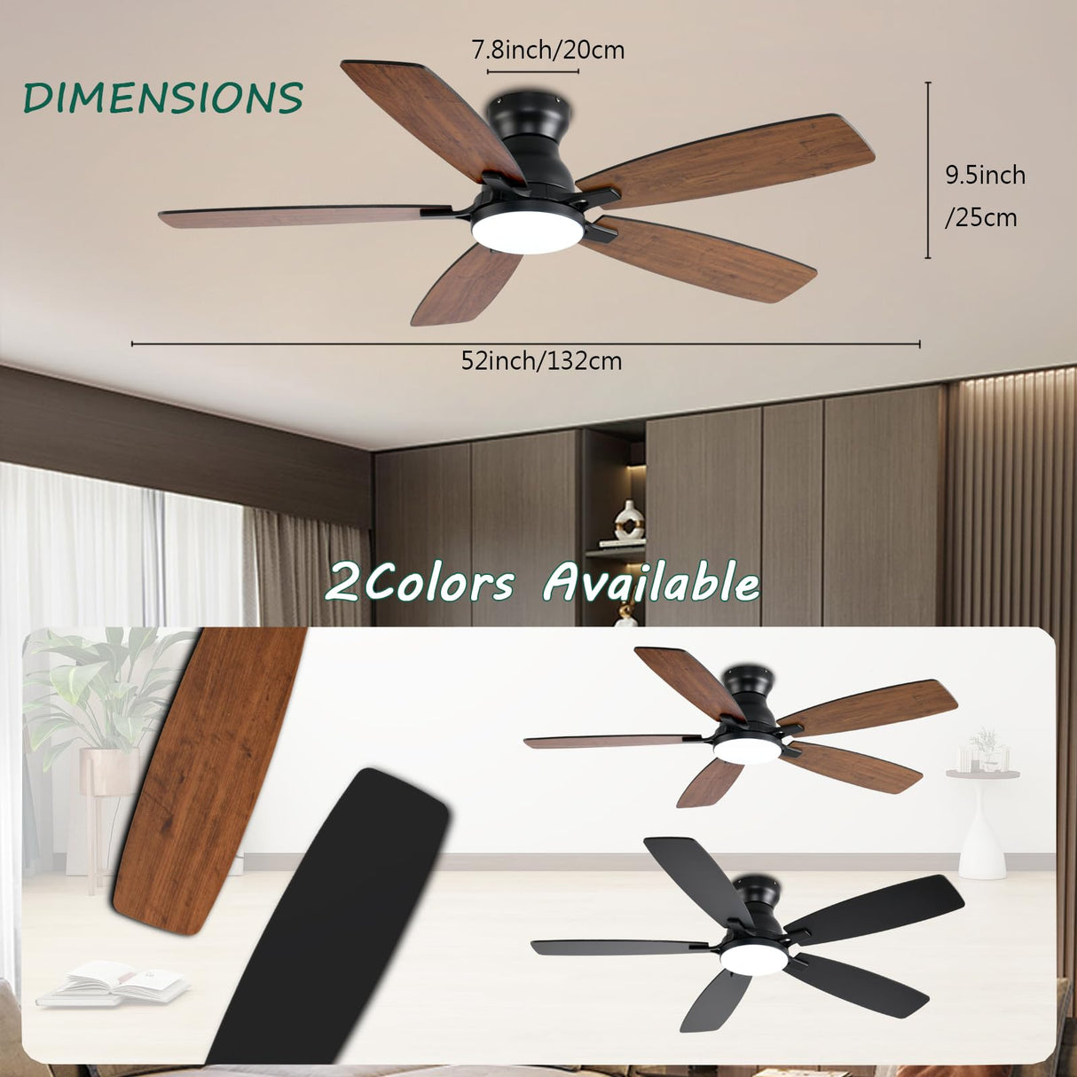 NKPU 52inch Ceiling Fans with Lights, Low Profile Ceiling Fan with Light and Remote/APP Control, DC Reversible Motor, Noiseless, Flush Mount, Brown Ceiling Fan for Bedroom Indoor/Outdoor Use NKPU